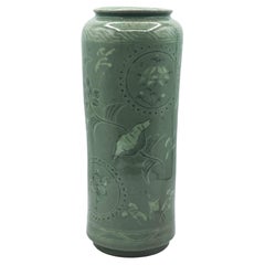 Korean Koryo Style Celadon Flower Vase with Birds, 19th Century