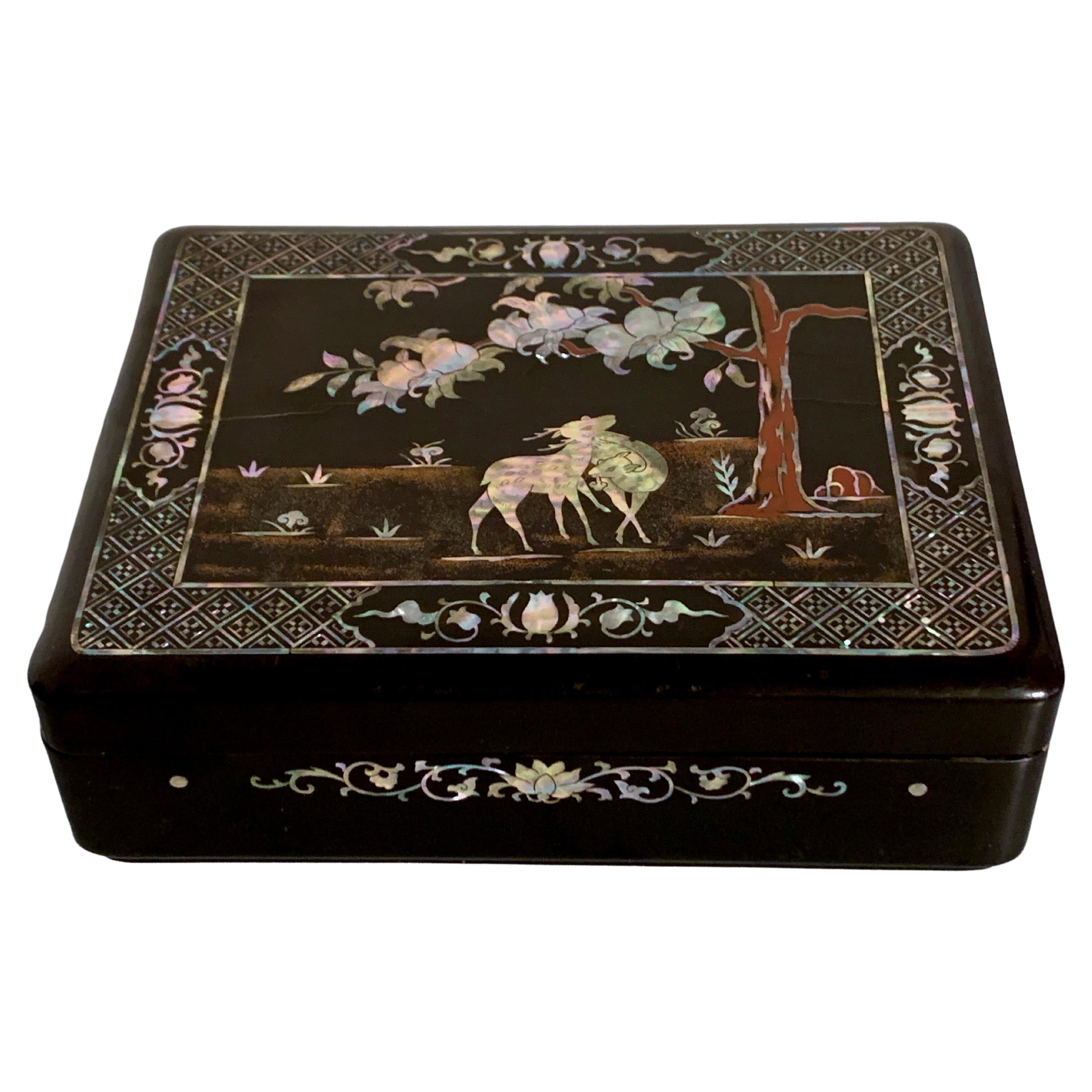 Korean Lacquer and Mother of Pearl Inlay "Longevity" Box, 1930s, Korea For Sale