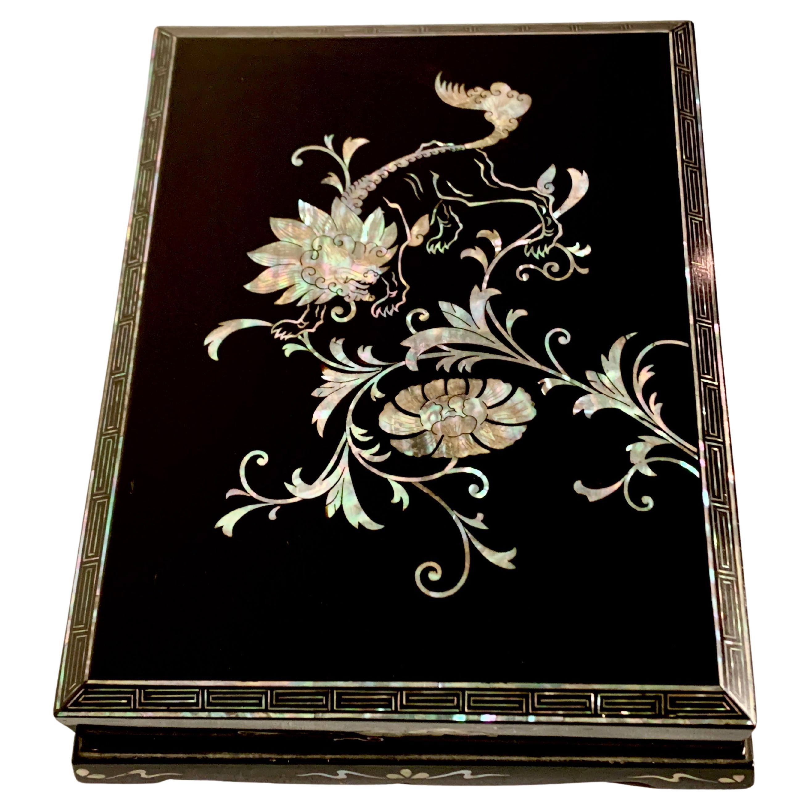 Korean Lacquer and Mother of Pearl Inlay Stationery Box, c. 1930's, Korea For Sale