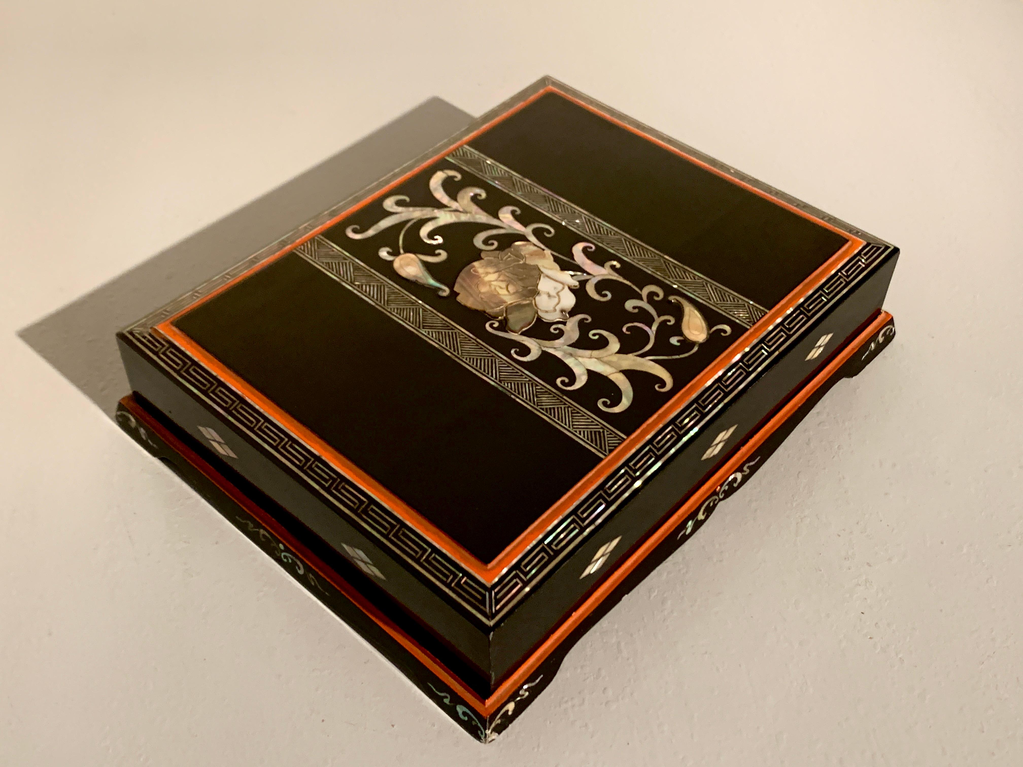Inlay Korean Lacquer and Mother of Pearl Writing Box with Peony, circa 1920, Korea