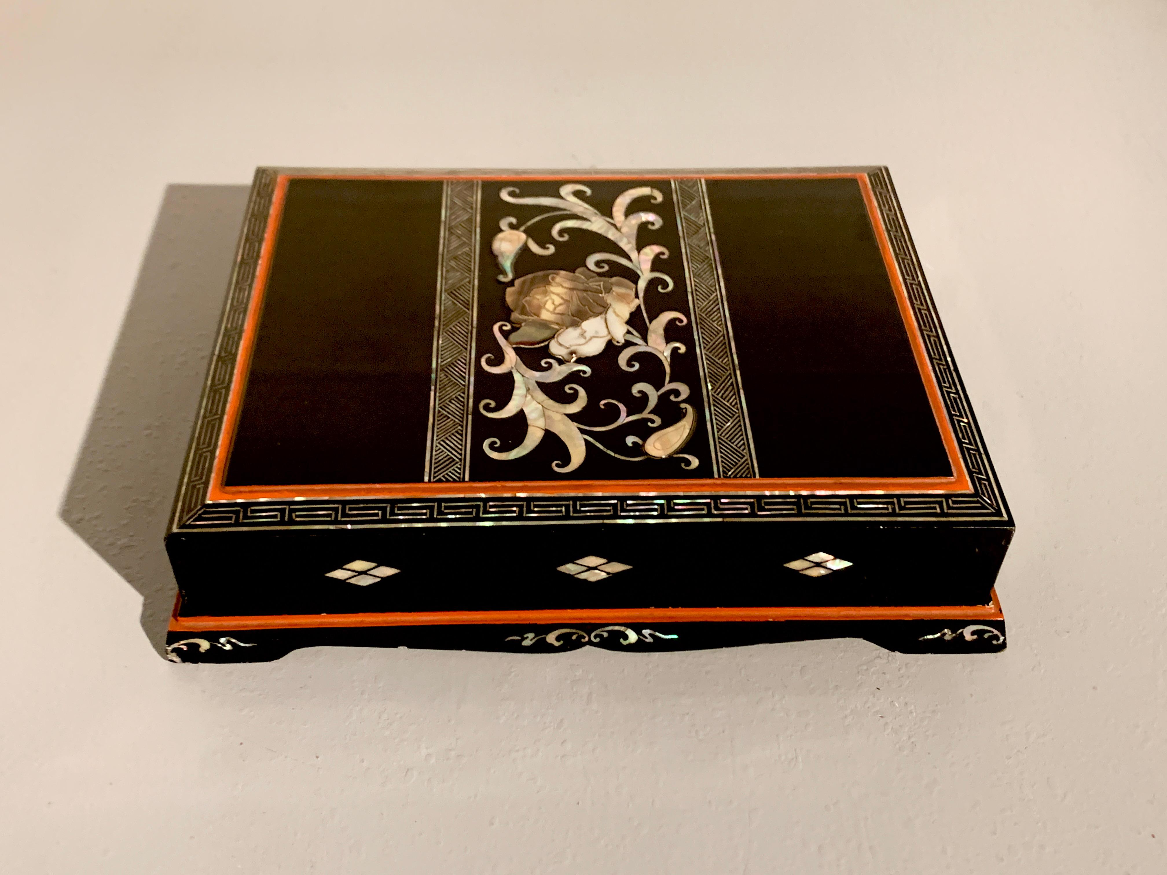 Korean Lacquer and Mother of Pearl Writing Box with Peony, circa 1920, Korea In Good Condition In Austin, TX