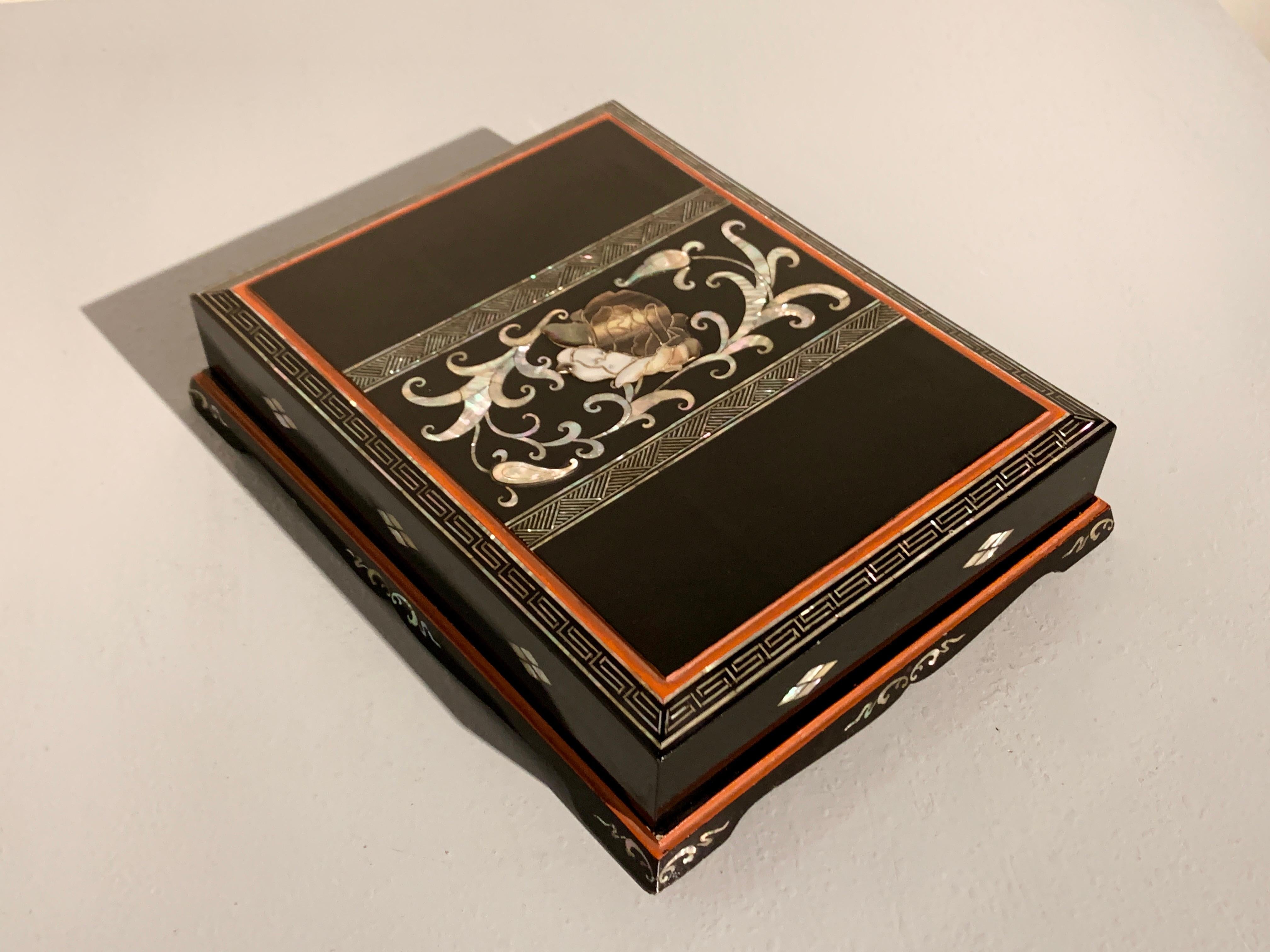 Early 20th Century Korean Lacquer and Mother of Pearl Writing Box with Peony, circa 1920, Korea