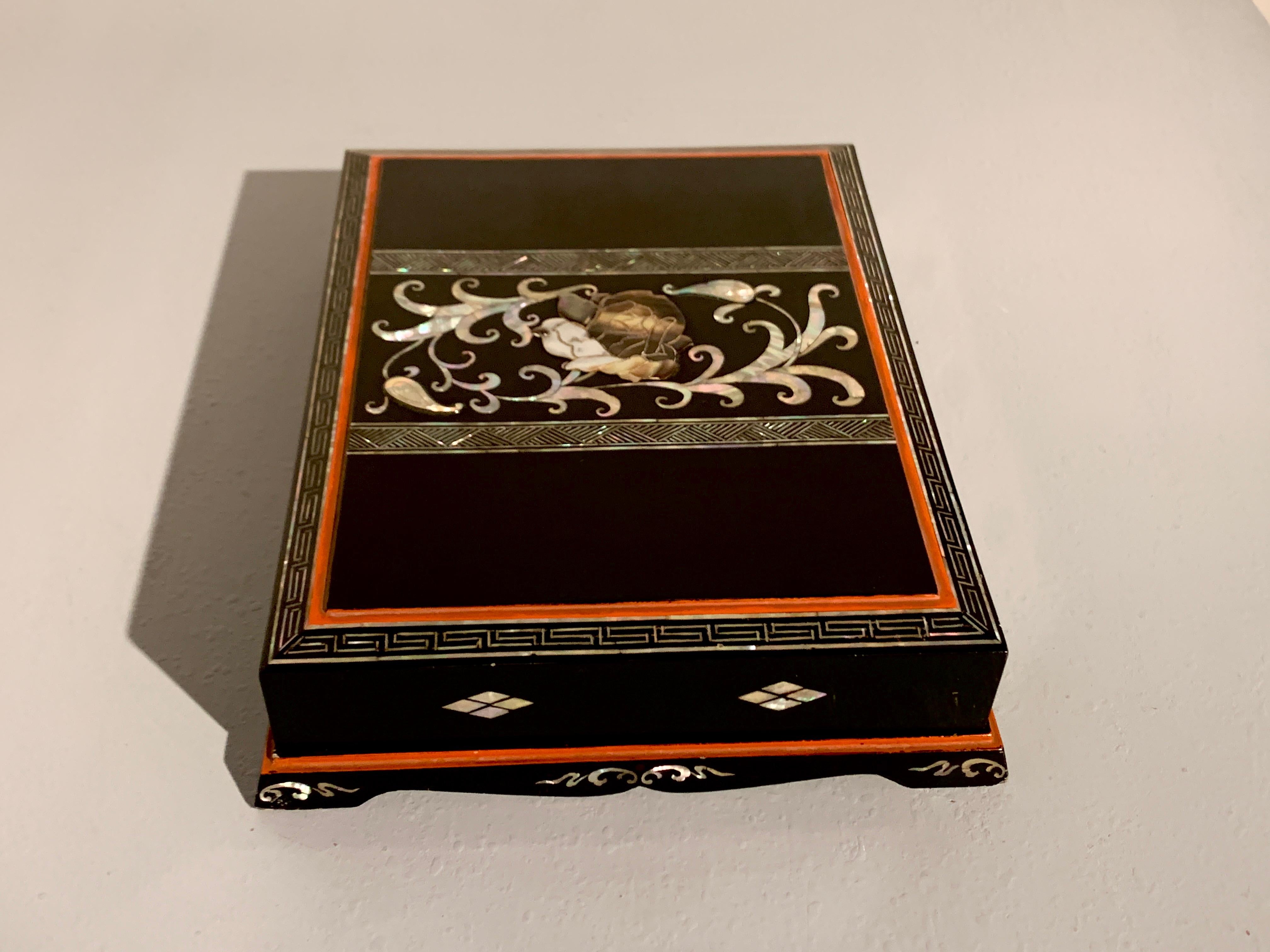 Mother-of-Pearl Korean Lacquer and Mother of Pearl Writing Box with Peony, circa 1920, Korea