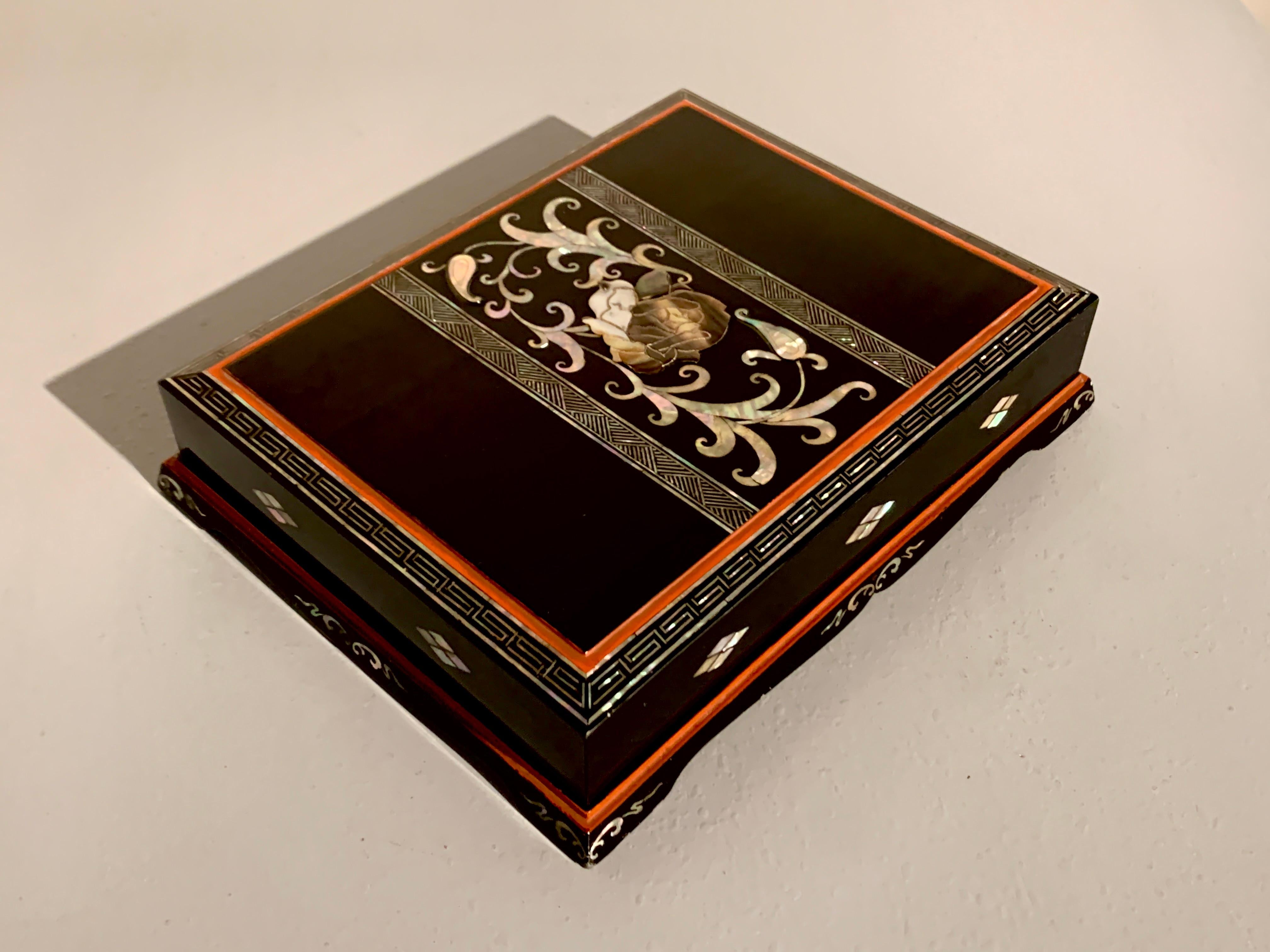 Korean Lacquer and Mother of Pearl Writing Box with Peony, circa 1920, Korea 1