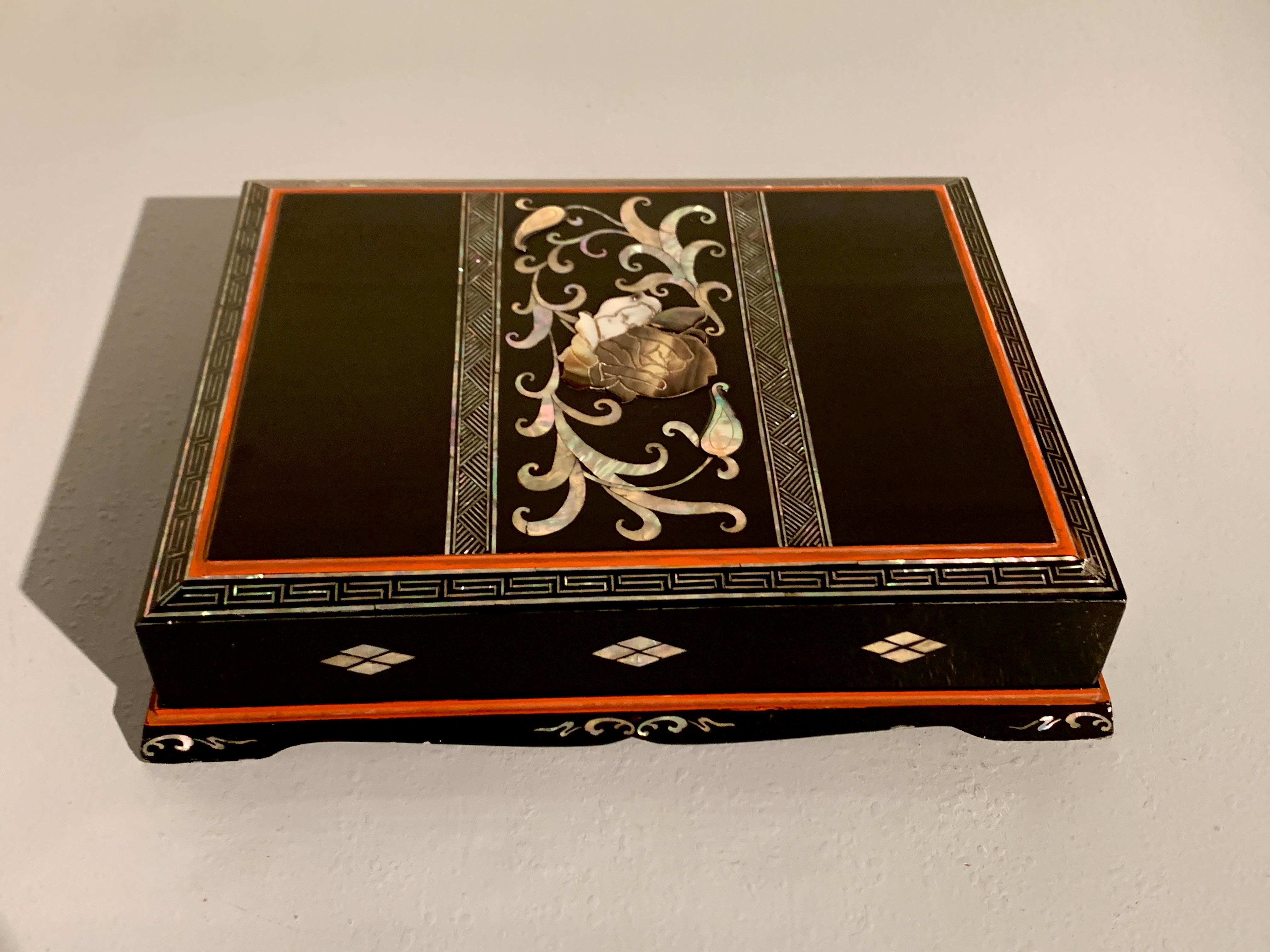 Korean Lacquer and Mother of Pearl Writing Box with Peony, circa 1920, Korea 2