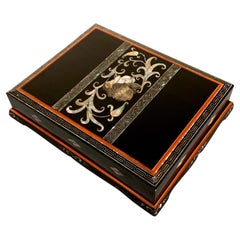 Antique Korean Lacquer and Mother of Pearl Writing Box with Peony, circa 1920, Korea