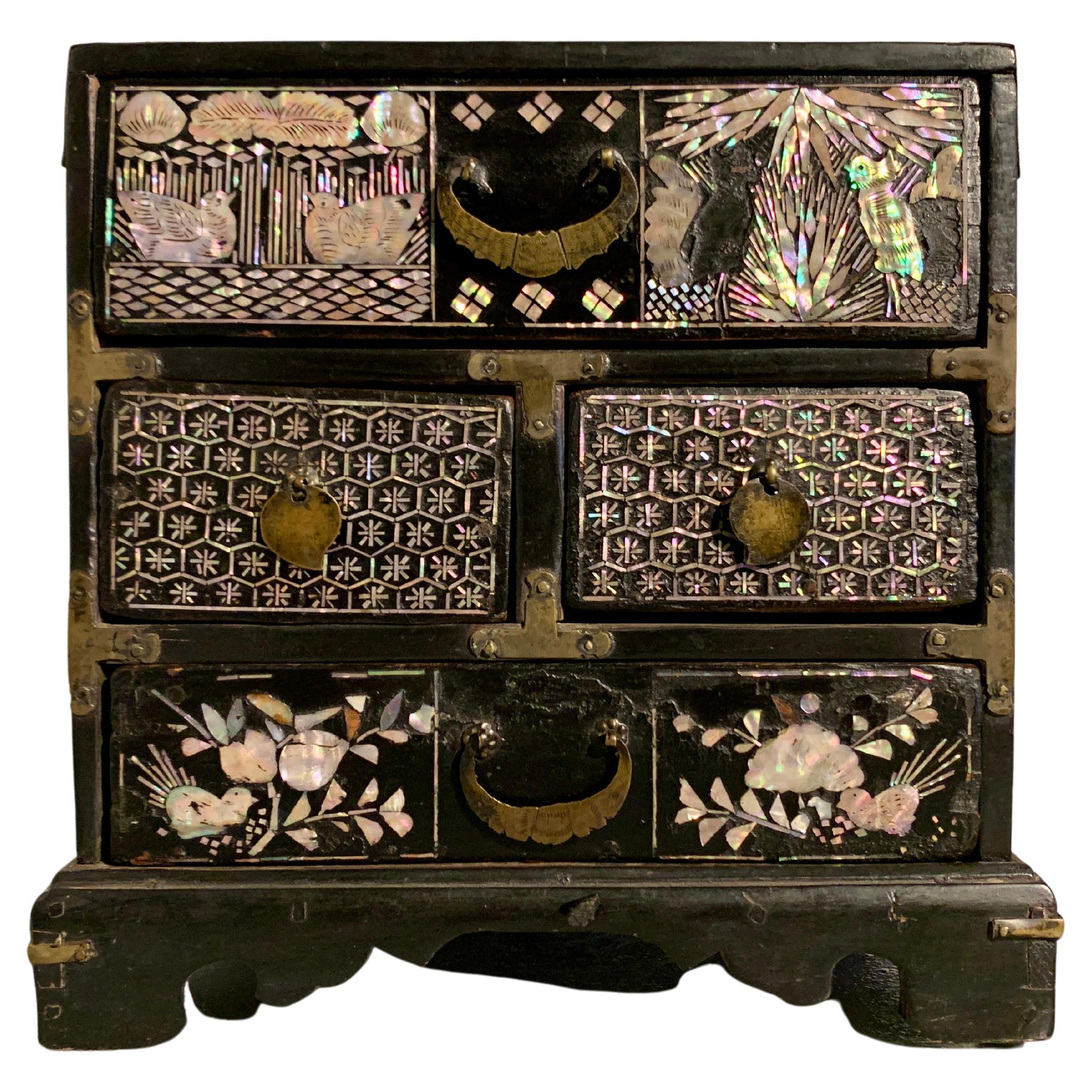 Korean Lacquered Wood and Mother of Pearl Inlay Chest, Joseon Dynasty, 19th c For Sale