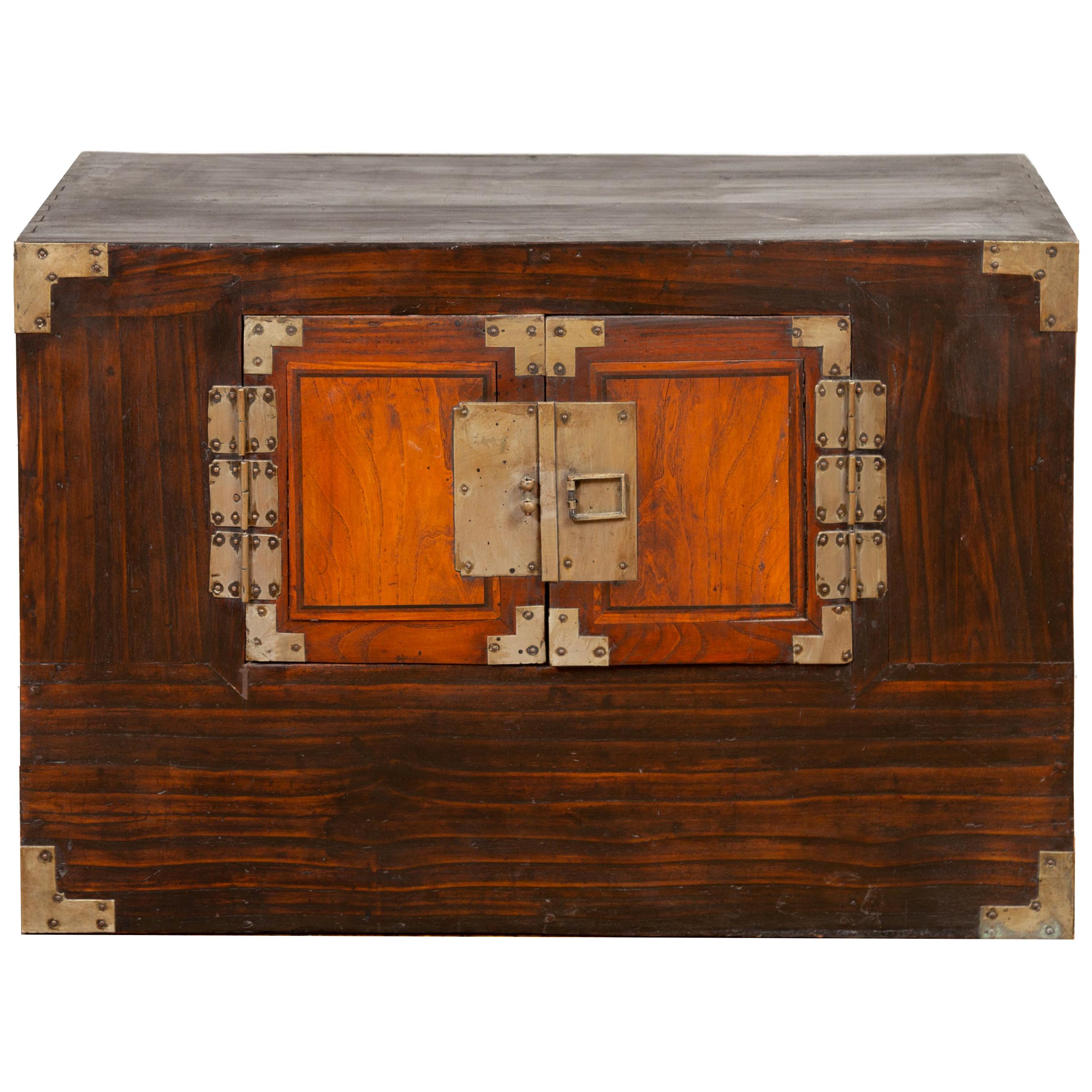 Korean Late 19th Century Wood Two-Toned Side Chest with Brass Hardware For Sale
