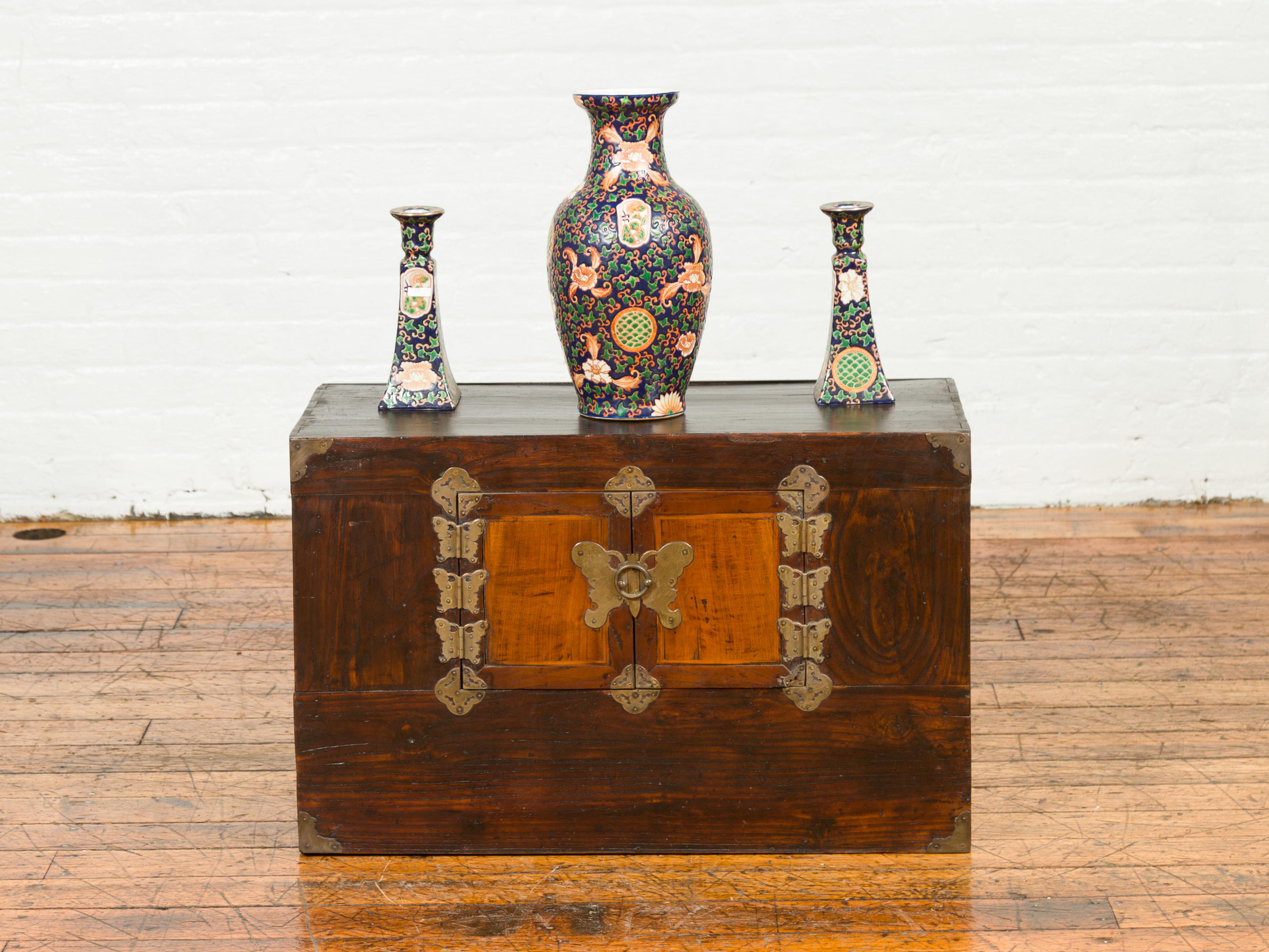 Wood Korean Late 19th Century Two-Toned Side Chest with Brass Butterfly Hardware For Sale