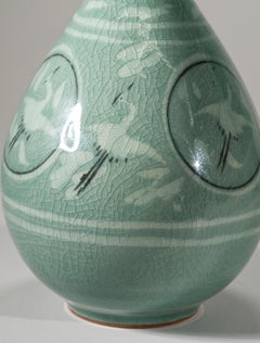 Korean Light Celadon Goryeo Bud Vase, Flying Cranes and Clouds