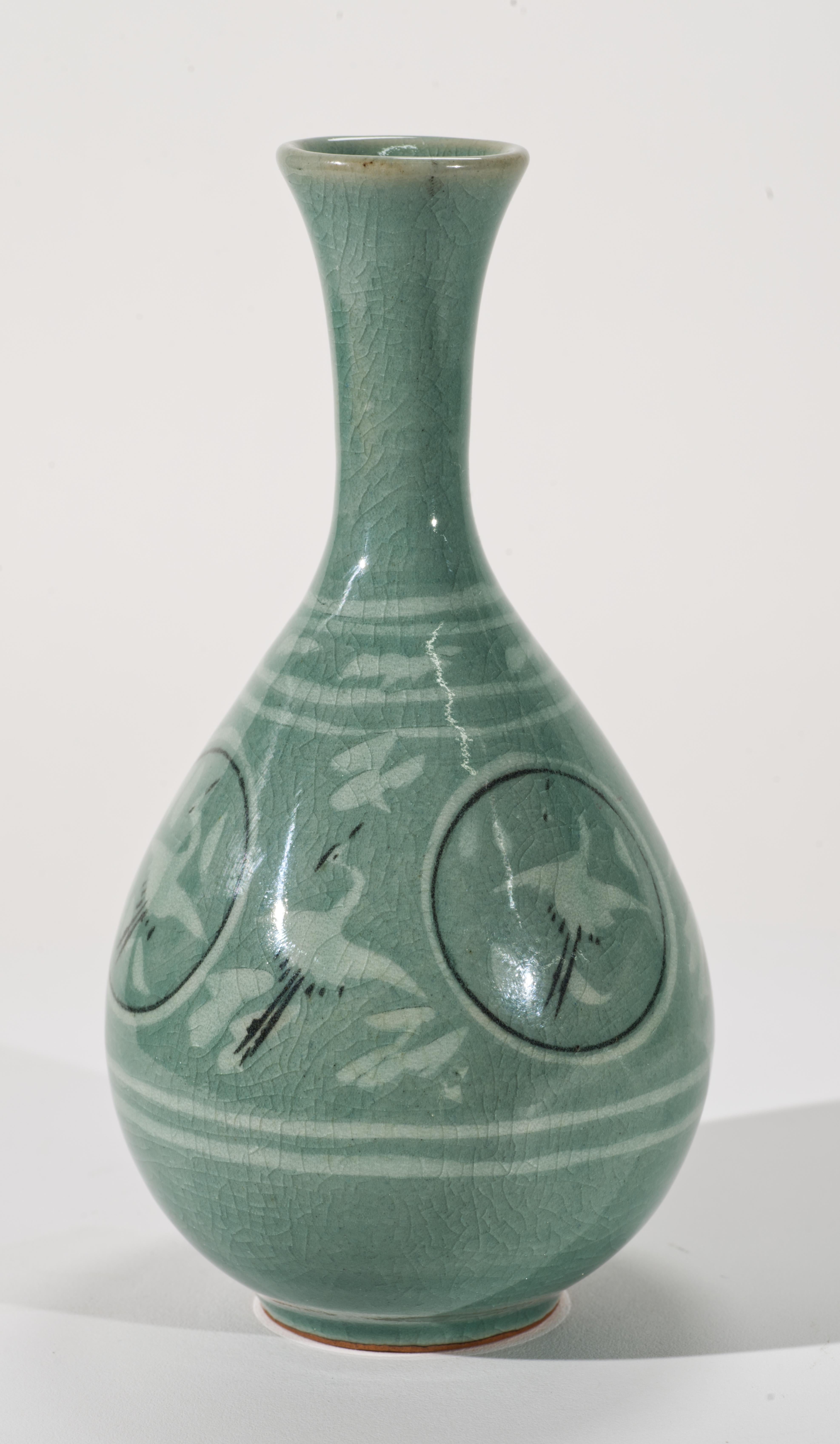 Mid-Century Modern Korean Light Celadon Goryeo Bud Vase, Flying Cranes and Clouds For Sale
