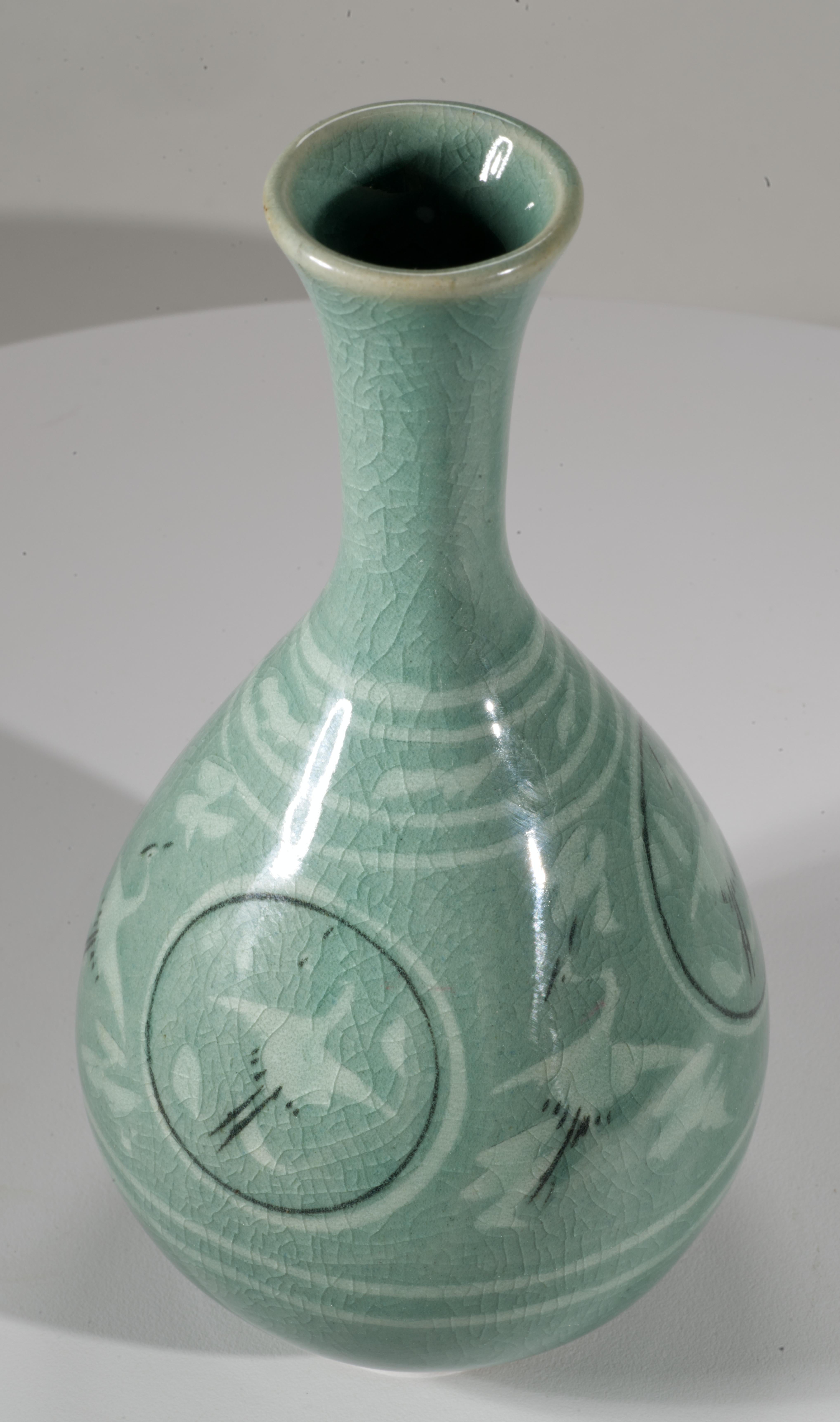 Glazed Korean Light Celadon Goryeo Bud Vase, Flying Cranes and Clouds For Sale