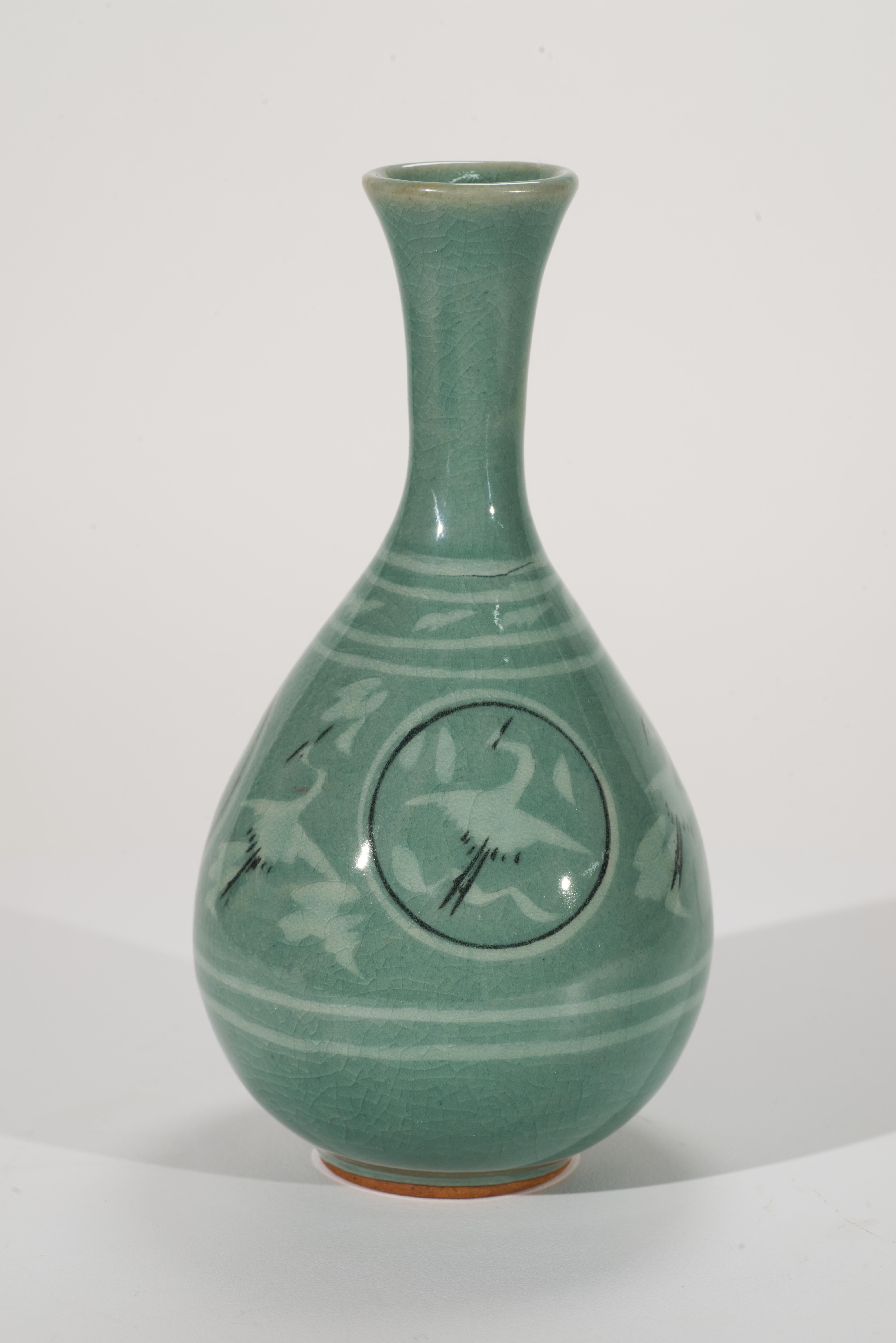 Korean Light Celadon Goryeo Bud Vase, Flying Cranes and Clouds For Sale 1