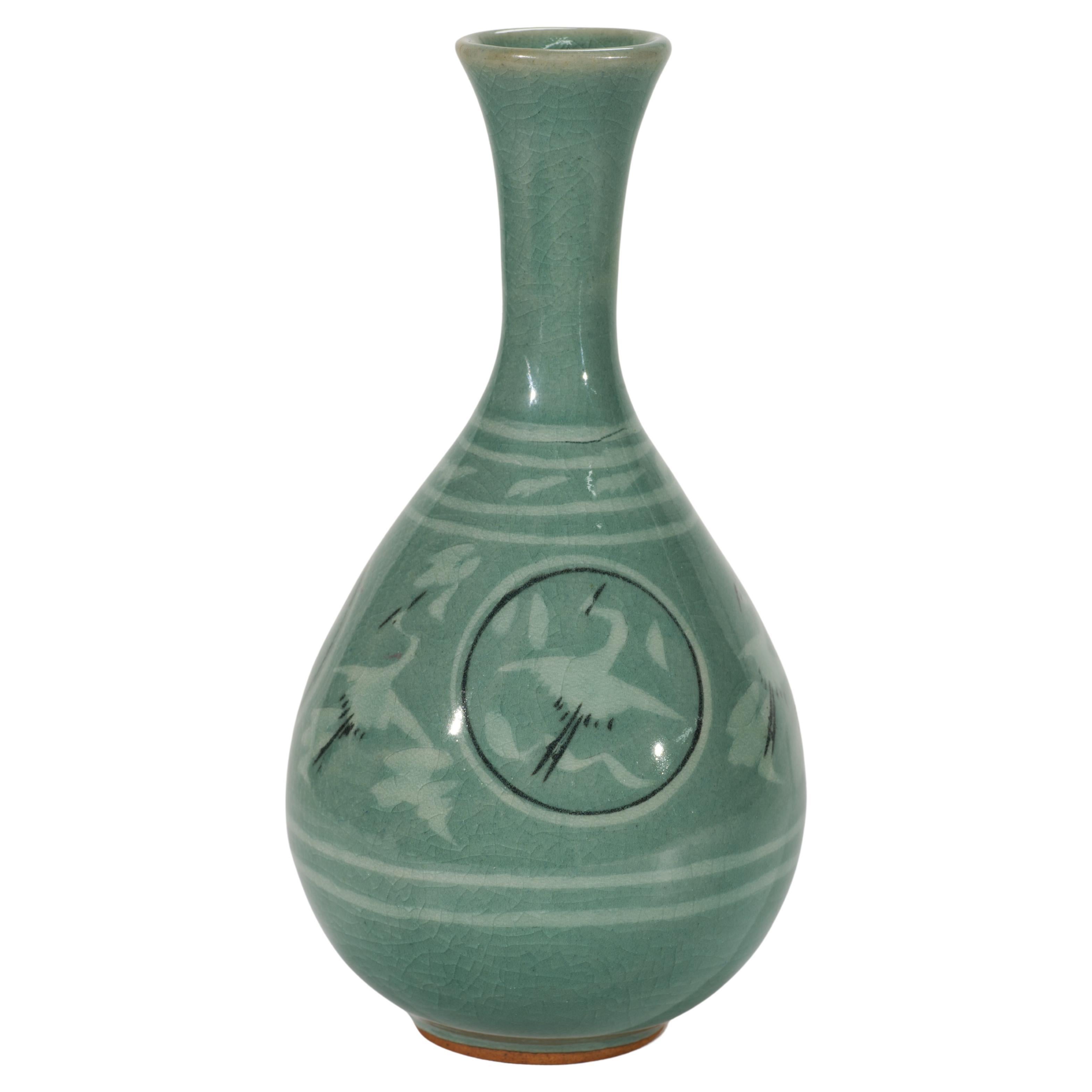 Korean Light Celadon Goryeo Bud Vase, Flying Cranes and Clouds For Sale