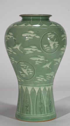 Korean Light Celadon Maebyeong Vase, Flying Cranes and Clouds