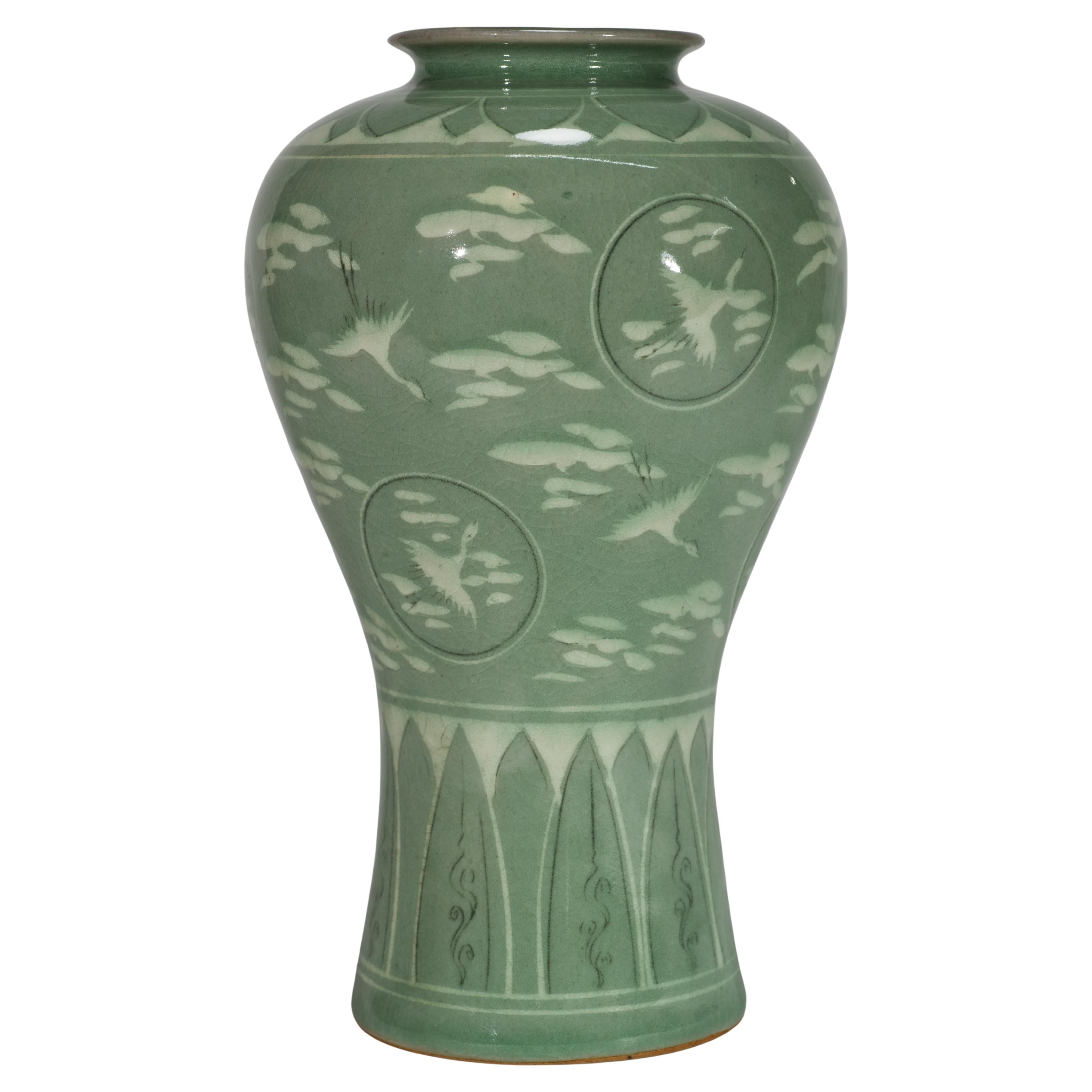Korean Light Celadon Maebyeong Vase, Flying Cranes and Clouds