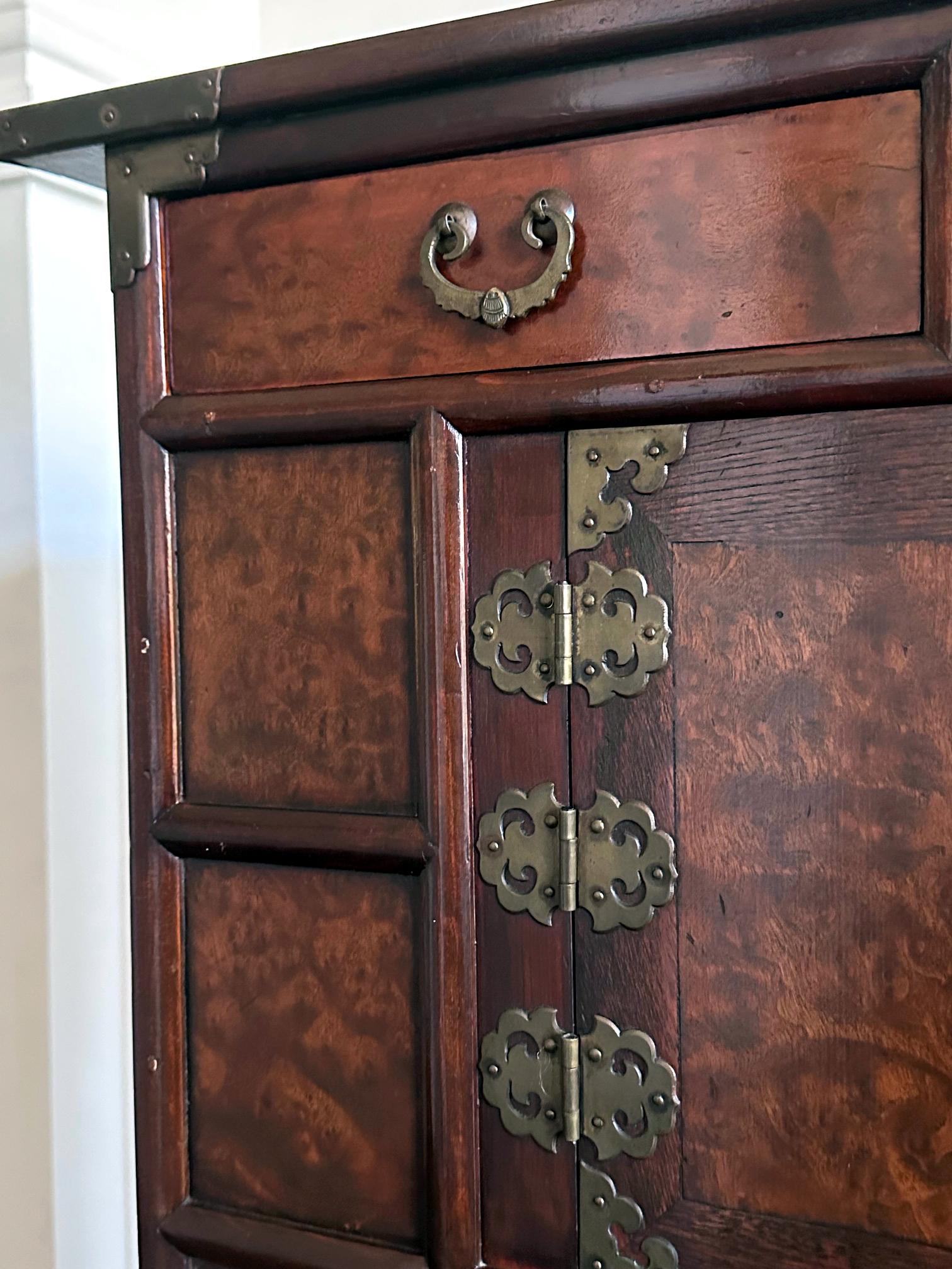 Korean Mandarin Duck Wedding Cabinet with Burl Wood Panels For Sale 5