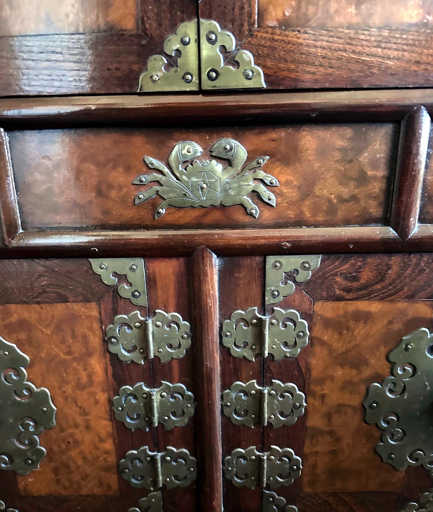 Korean Mandarin Duck Wedding Cabinet with Burl Wood Panels For Sale 7