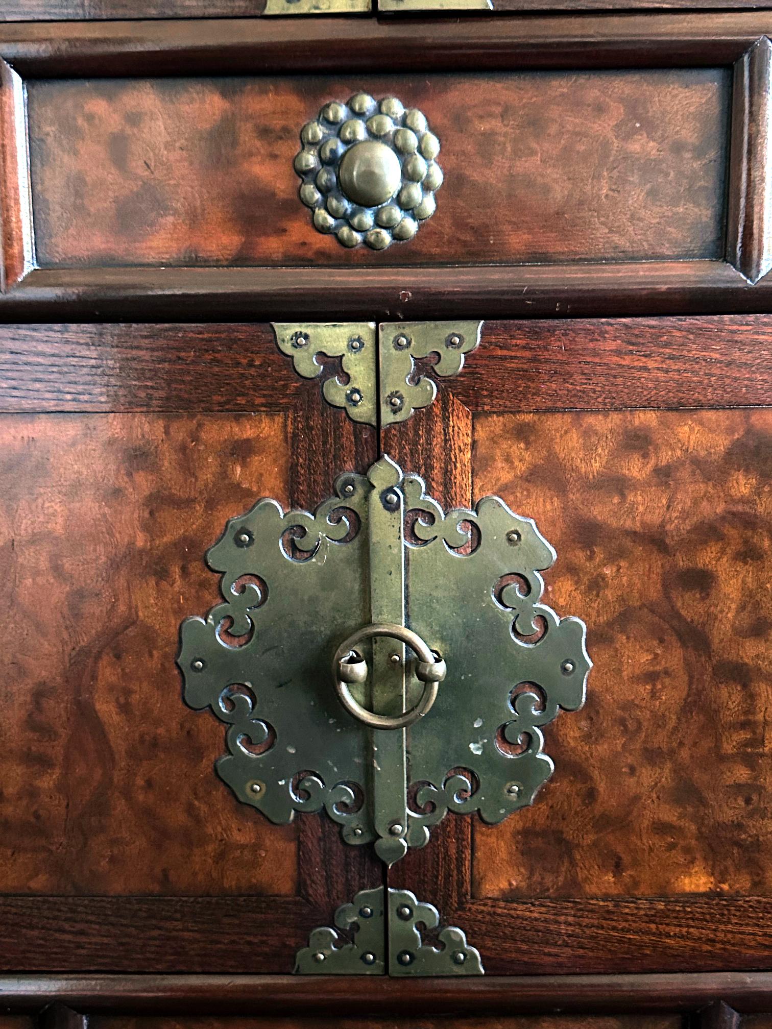 Korean Mandarin Duck Wedding Cabinet with Burl Wood Panels For Sale 11