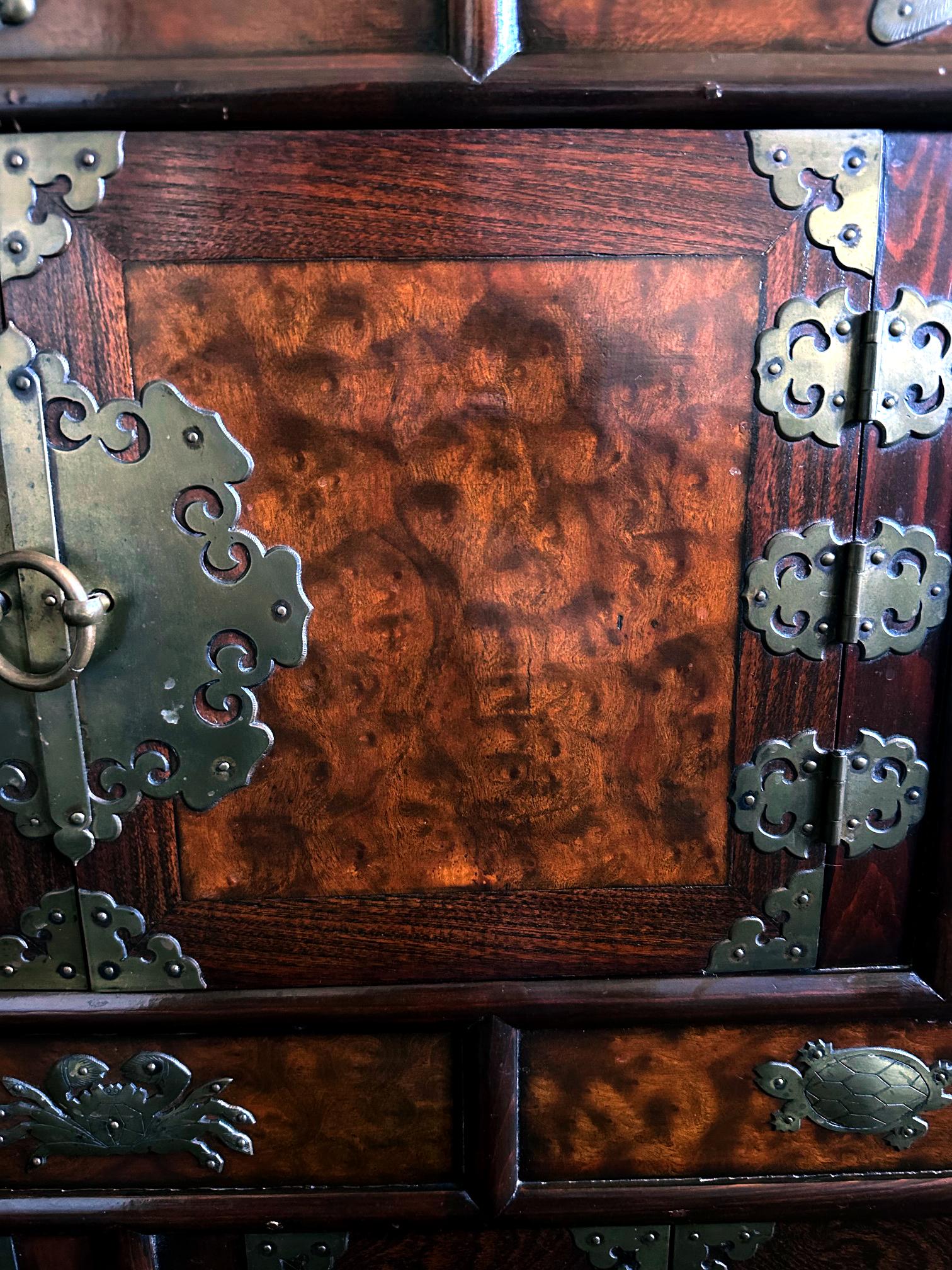 Korean Mandarin Duck Wedding Cabinet with Burl Wood Panels For Sale 13