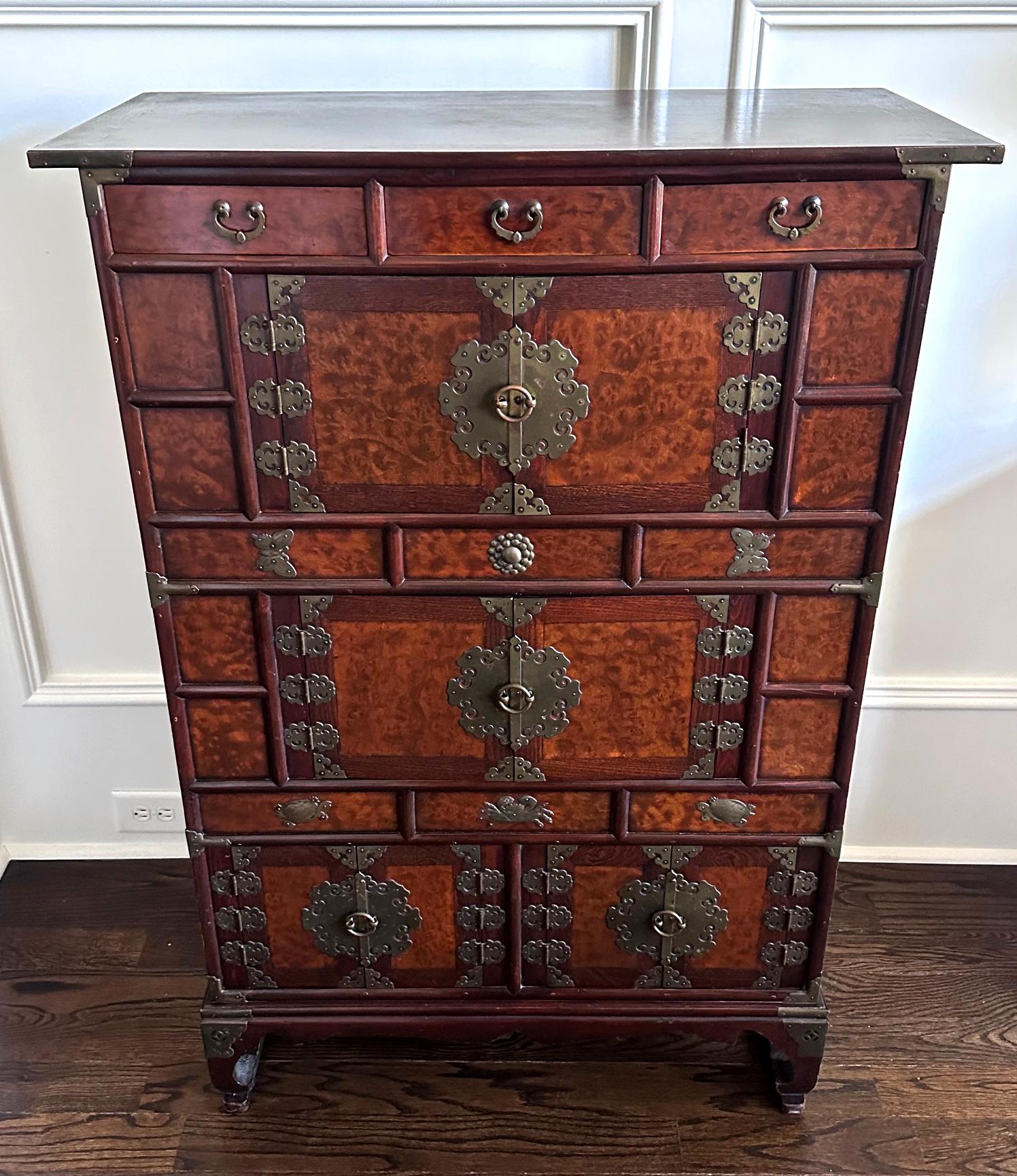 Other Korean Mandarin Duck Wedding Cabinet with Burl Wood Panels For Sale