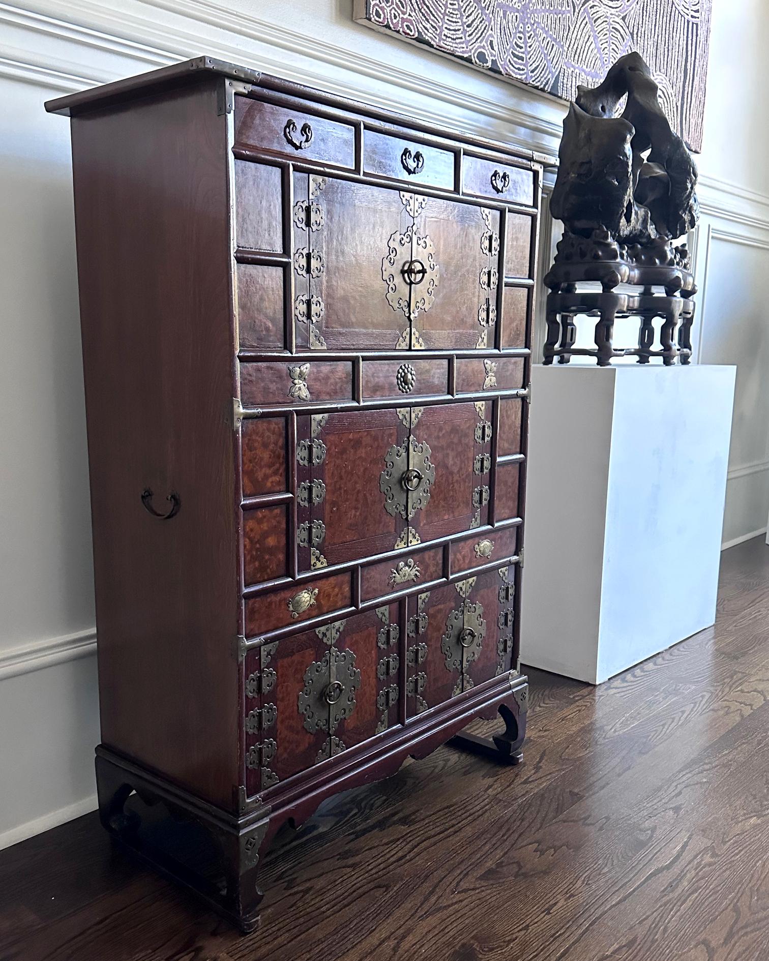 Korean Mandarin Duck Wedding Cabinet with Burl Wood Panels In Good Condition For Sale In Atlanta, GA