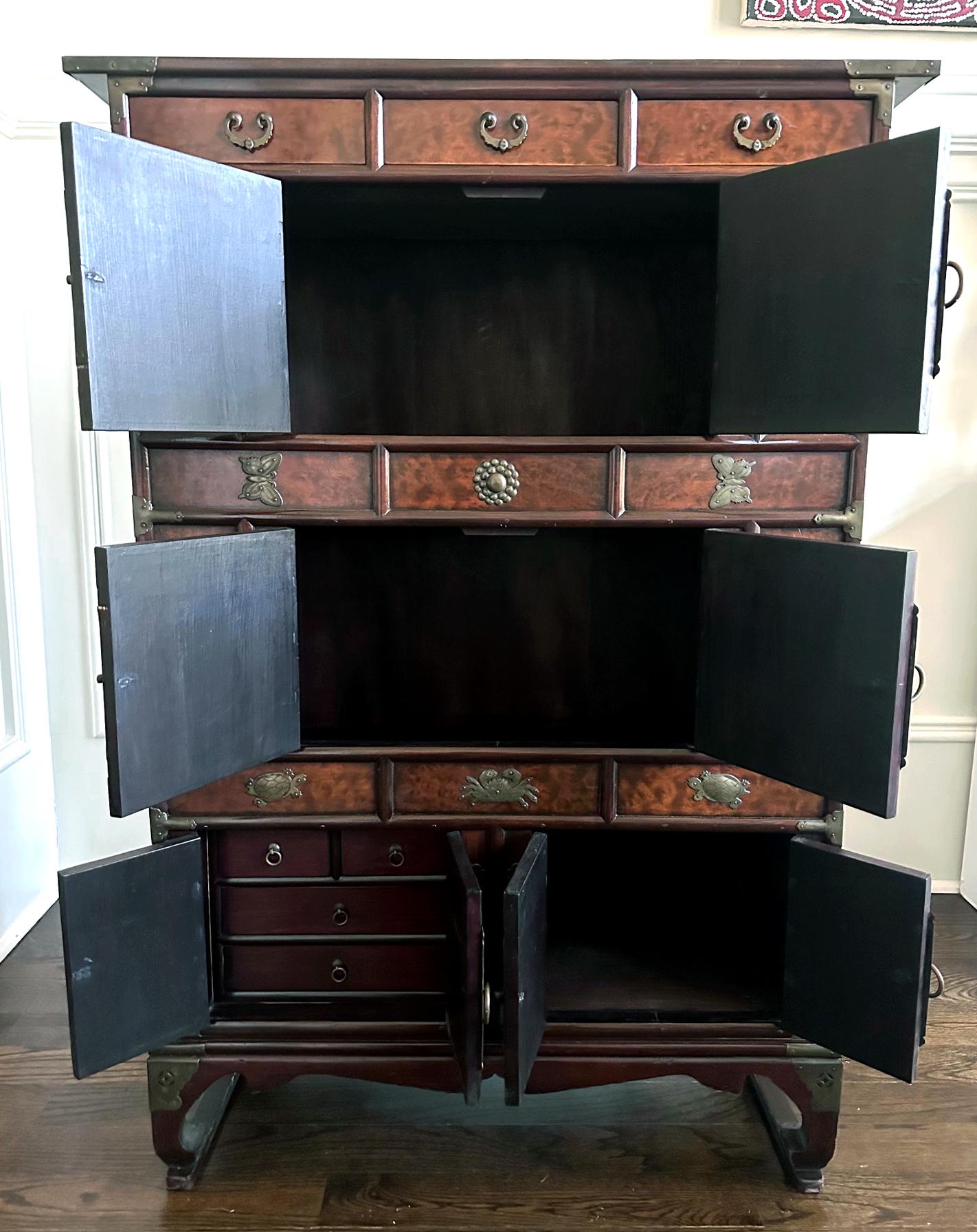 20th Century Korean Mandarin Duck Wedding Cabinet with Burl Wood Panels For Sale