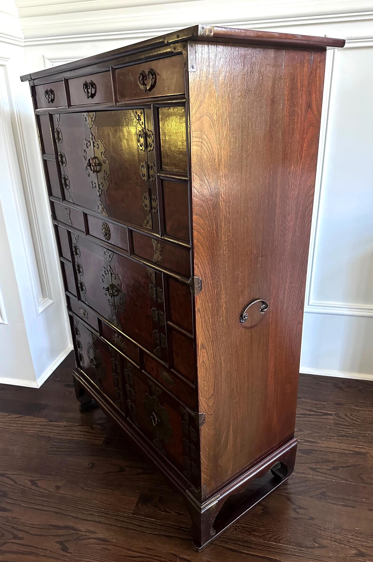 Brass Korean Mandarin Duck Wedding Cabinet with Burl Wood Panels For Sale