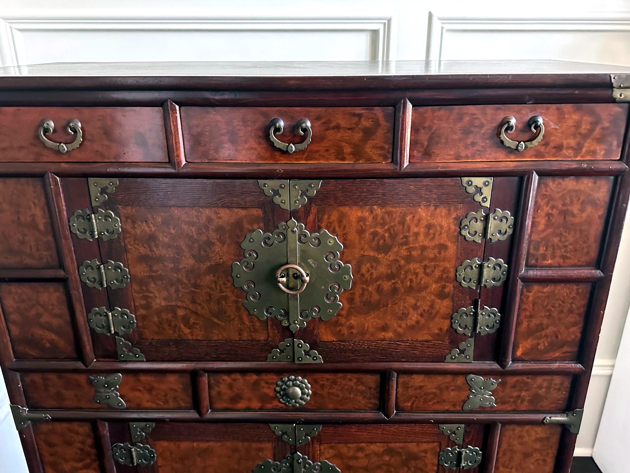 Korean Mandarin Duck Wedding Cabinet with Burl Wood Panels For Sale 3