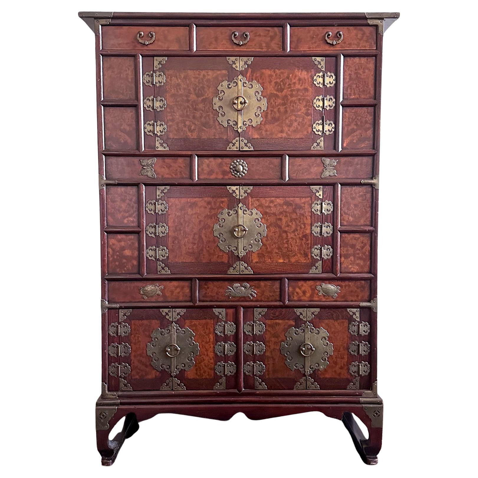 Korean Mandarin Duck Wedding Cabinet with Burl Wood Panels