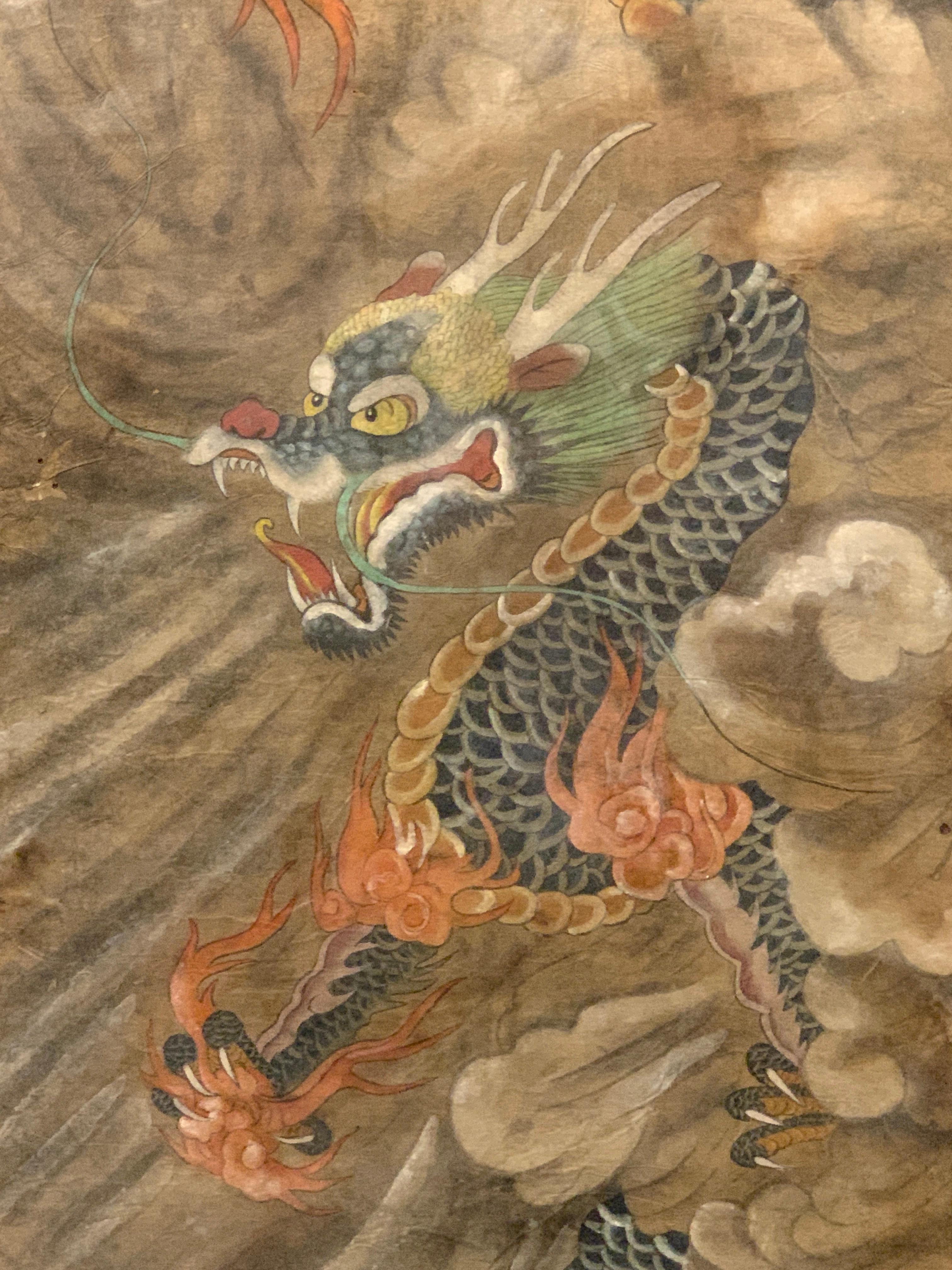 Korean Minhwa Dragon Painting, Joseon Dynasty, Late 19th Century In Good Condition In Austin, TX