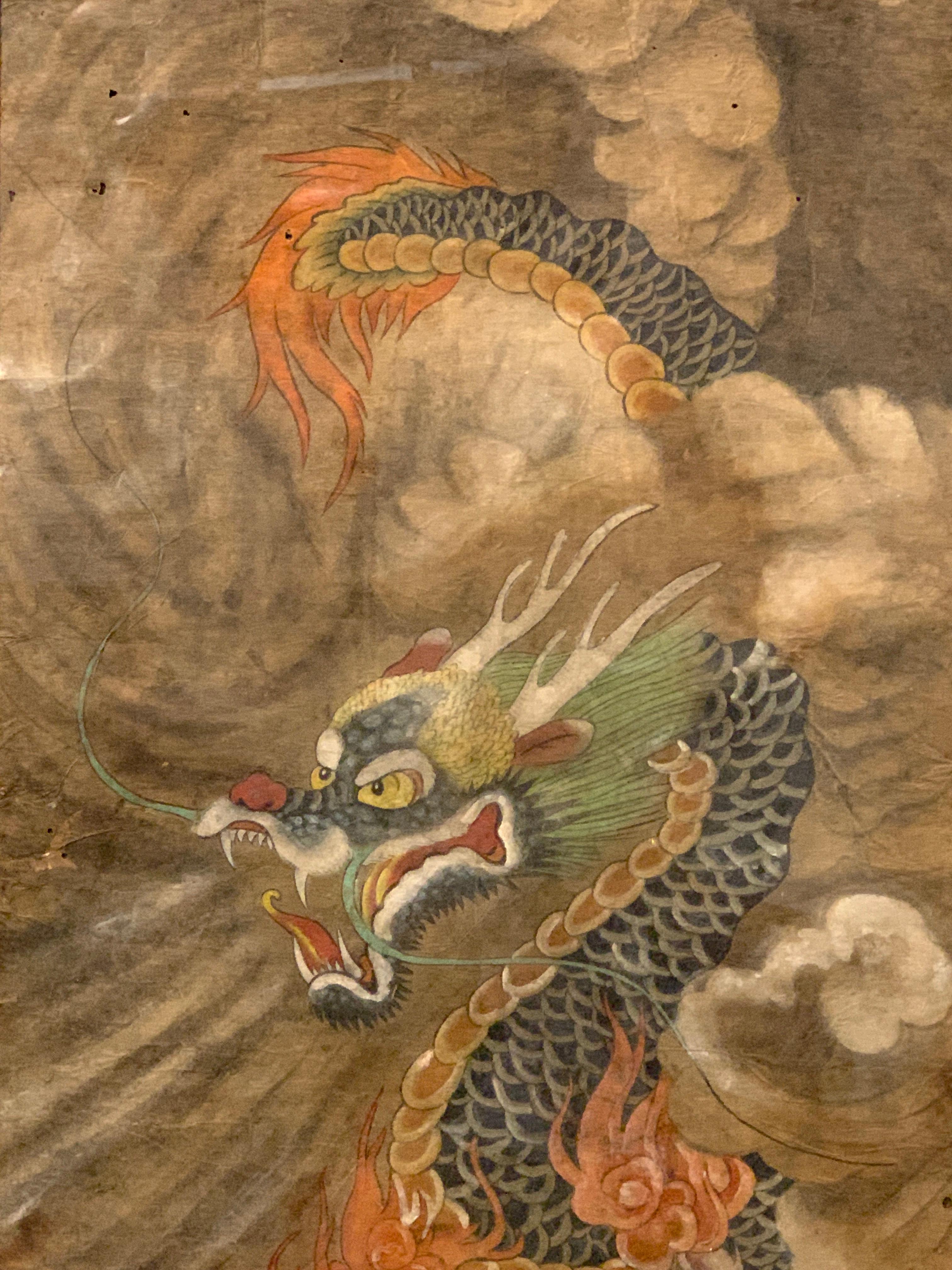 Giltwood Korean Minhwa Dragon Painting, Joseon Dynasty, Late 19th Century