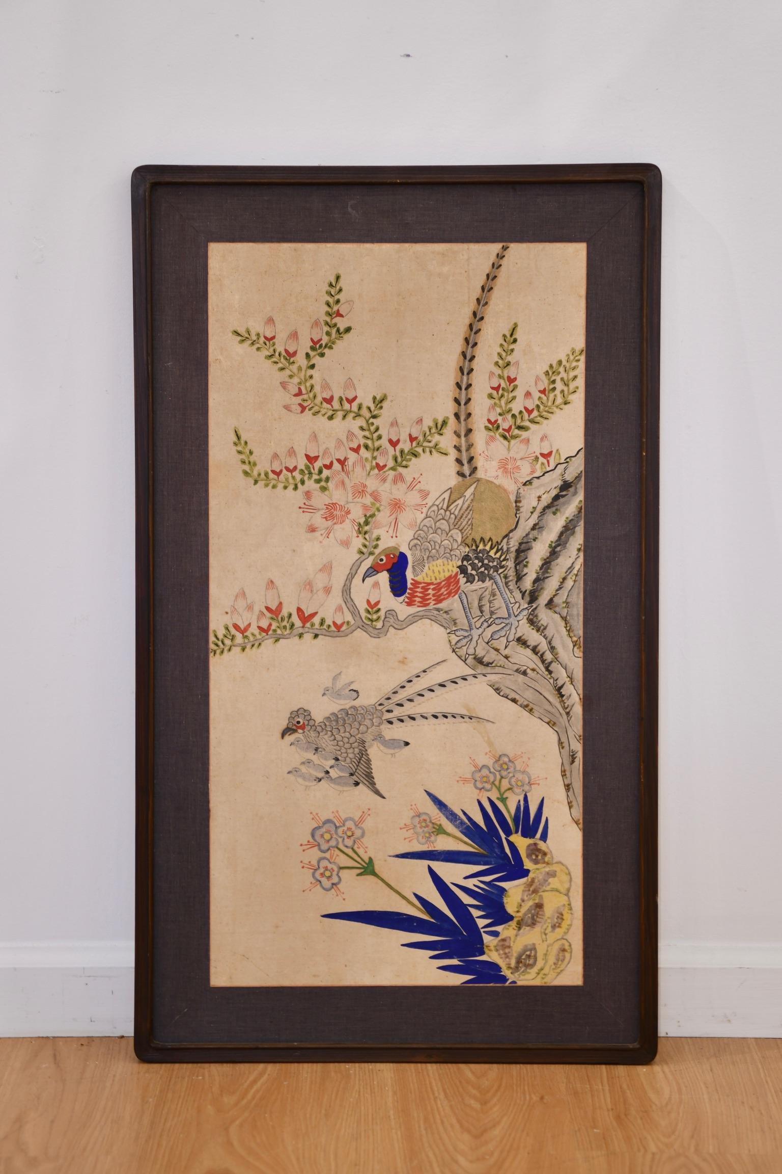 Korean minhwa on silk of birds, tree branch and flowers. Dimensions: 31.5