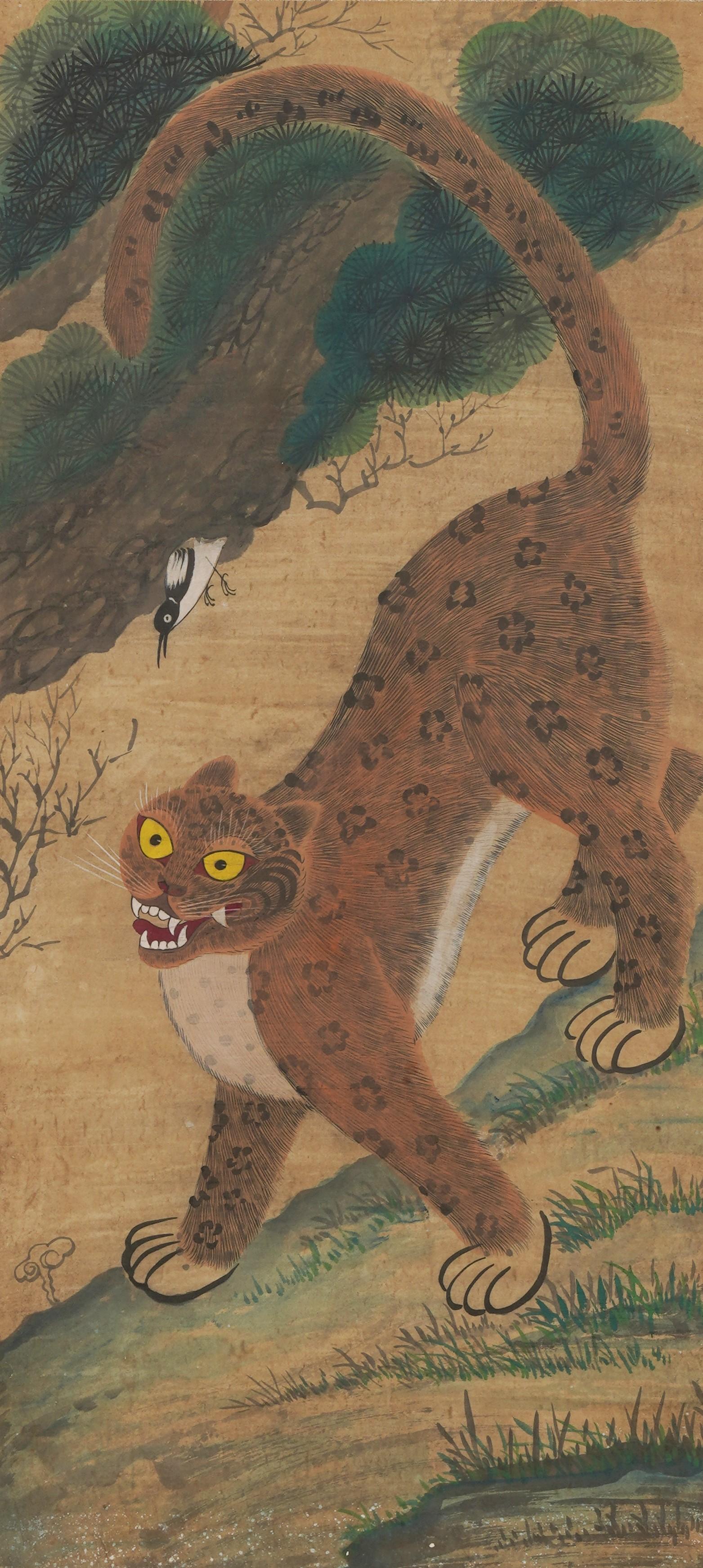 Koreanisches Minhwa Jakhodo Tiger- und Magpie-Schnörkelgemälde auf Seide  19. Jahrhundert (Volkskunst) im Angebot