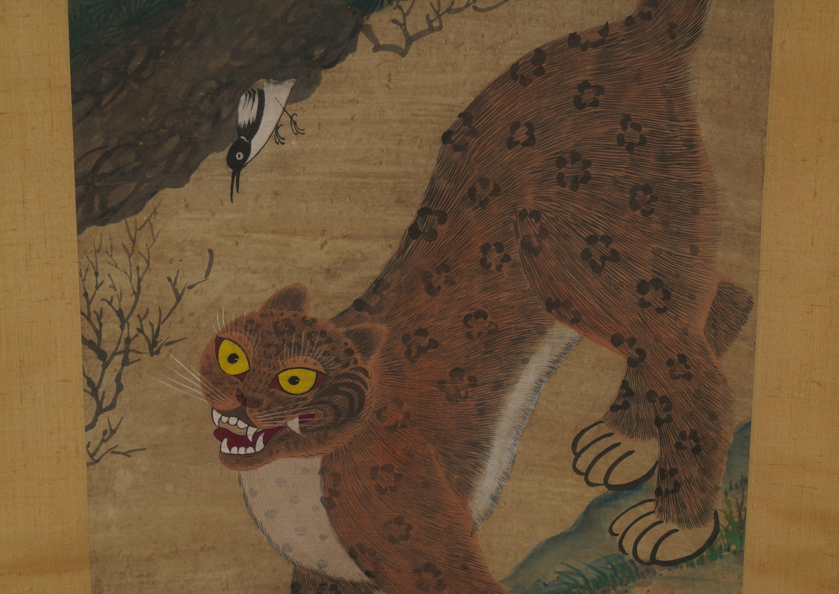 Folk Art Korean Minhwa Jakhodo Tiger and Magpie Scroll Painting on Silk, 19th Century For Sale