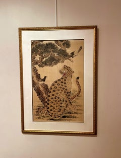 Framed Korean Minhwa Painting Spotted Leopard Snarling Magpie Conservation Frame