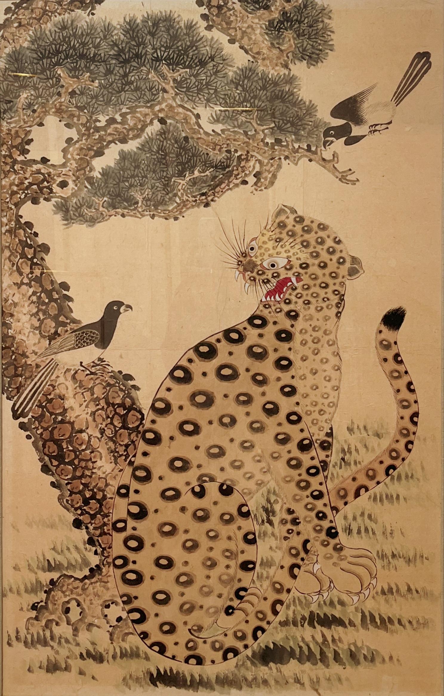 Hand-Painted Korean Minhwa Painting of Spotted Leopard Snarling Magpie  For Sale