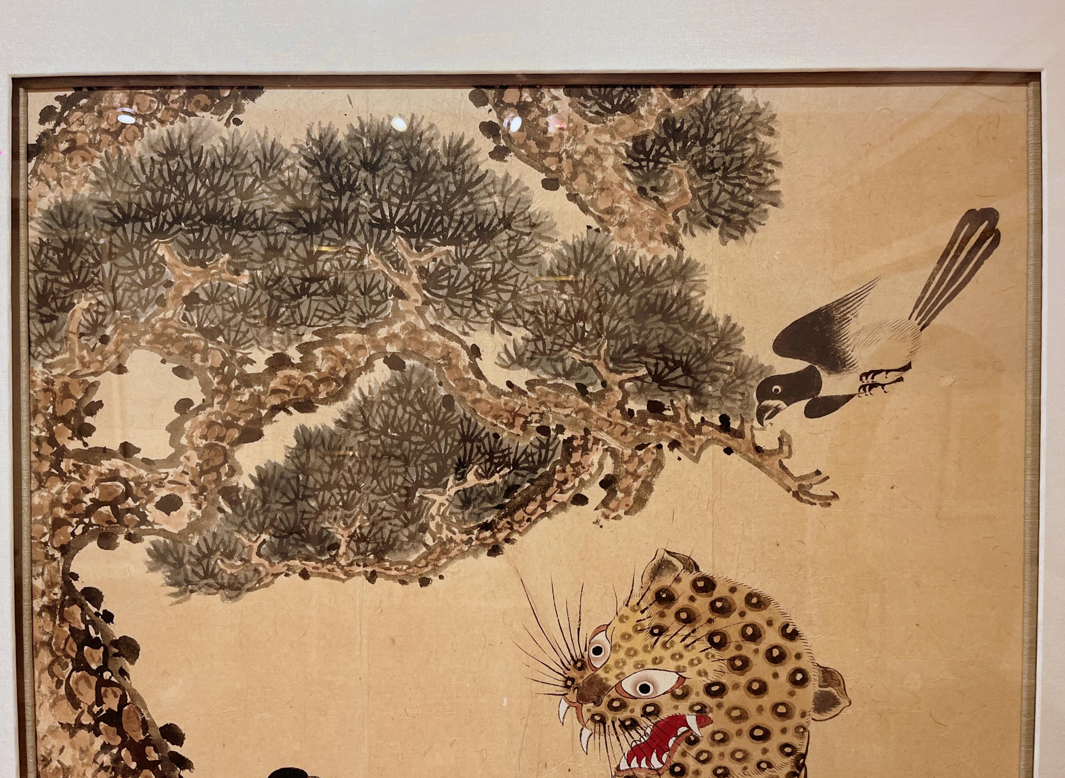 Early 20th Century Korean Minhwa Painting of Spotted Leopard Snarling Magpie  For Sale