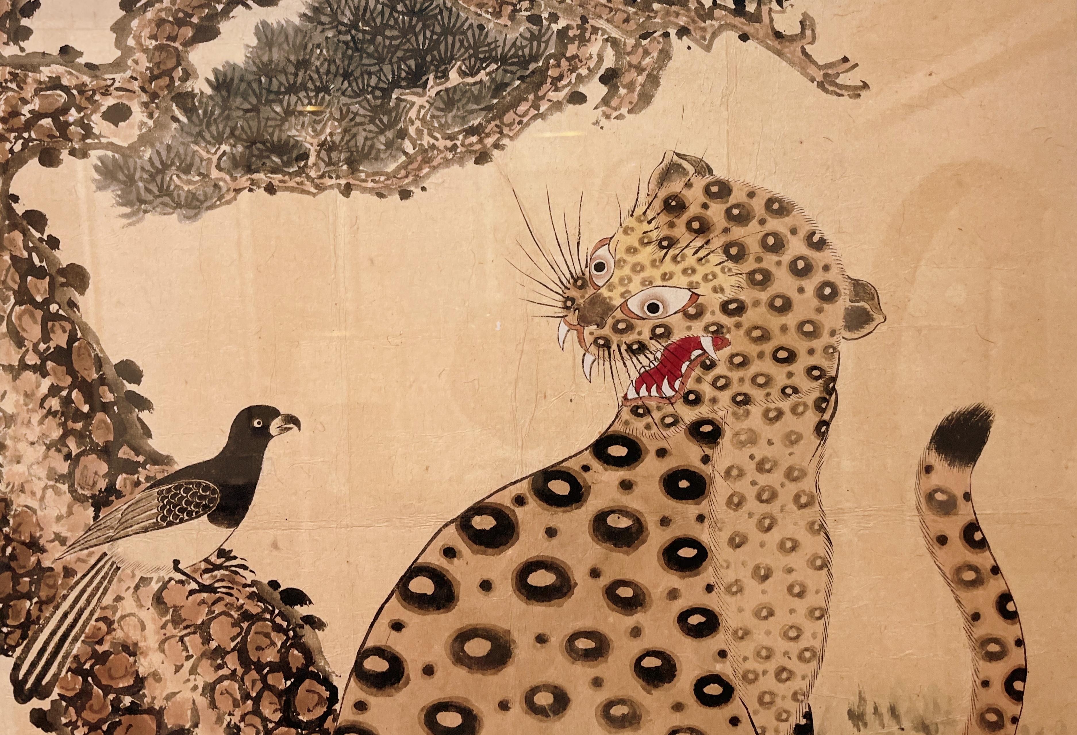 Paper Korean Minhwa Painting of Spotted Leopard Snarling Magpie  For Sale
