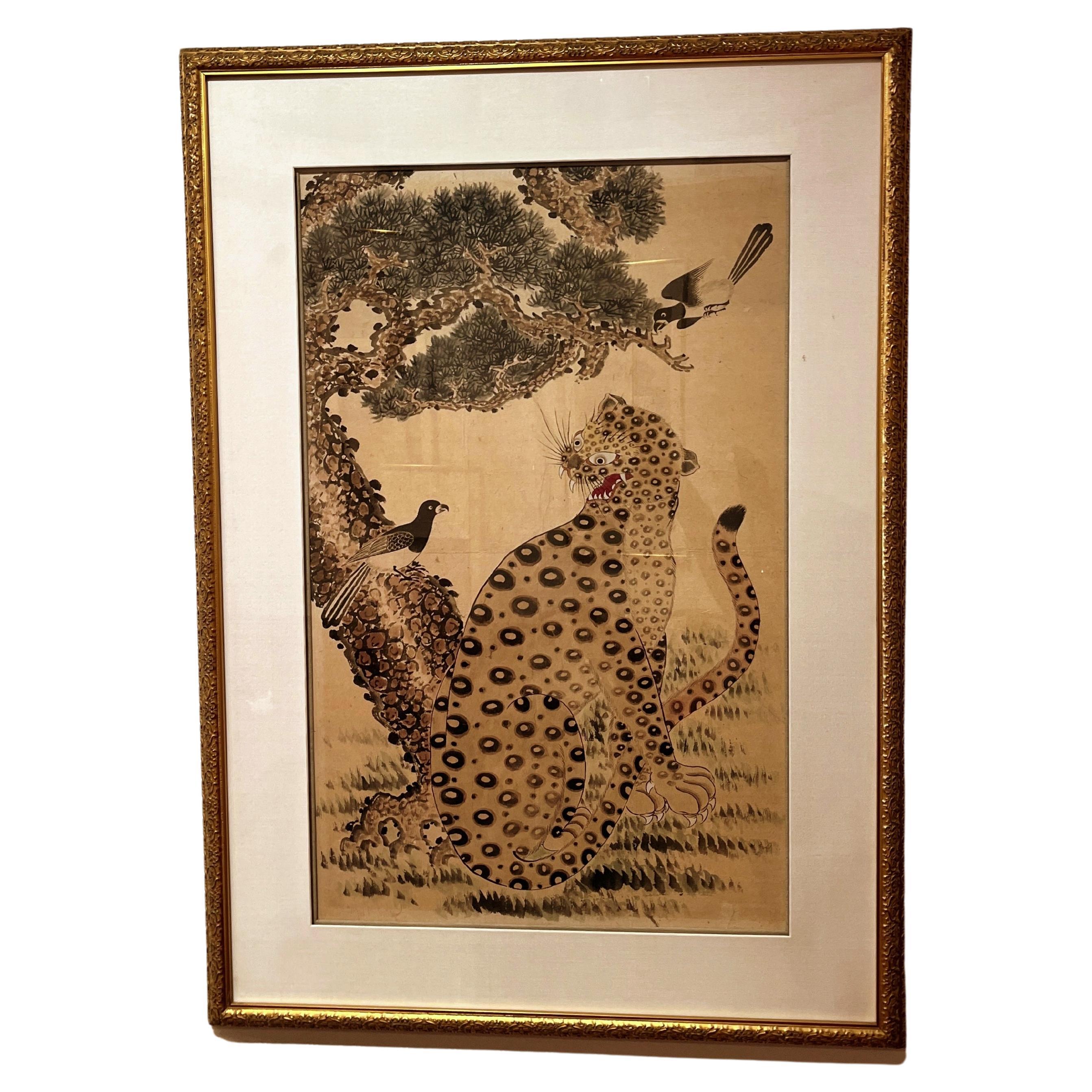 Korean Minhwa Painting of Spotted Leopard Snarling Magpie  For Sale