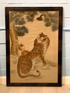 Korean Minhwa Tiger and Magpie Painting on Silk, Jakhodo, Late 19th Century