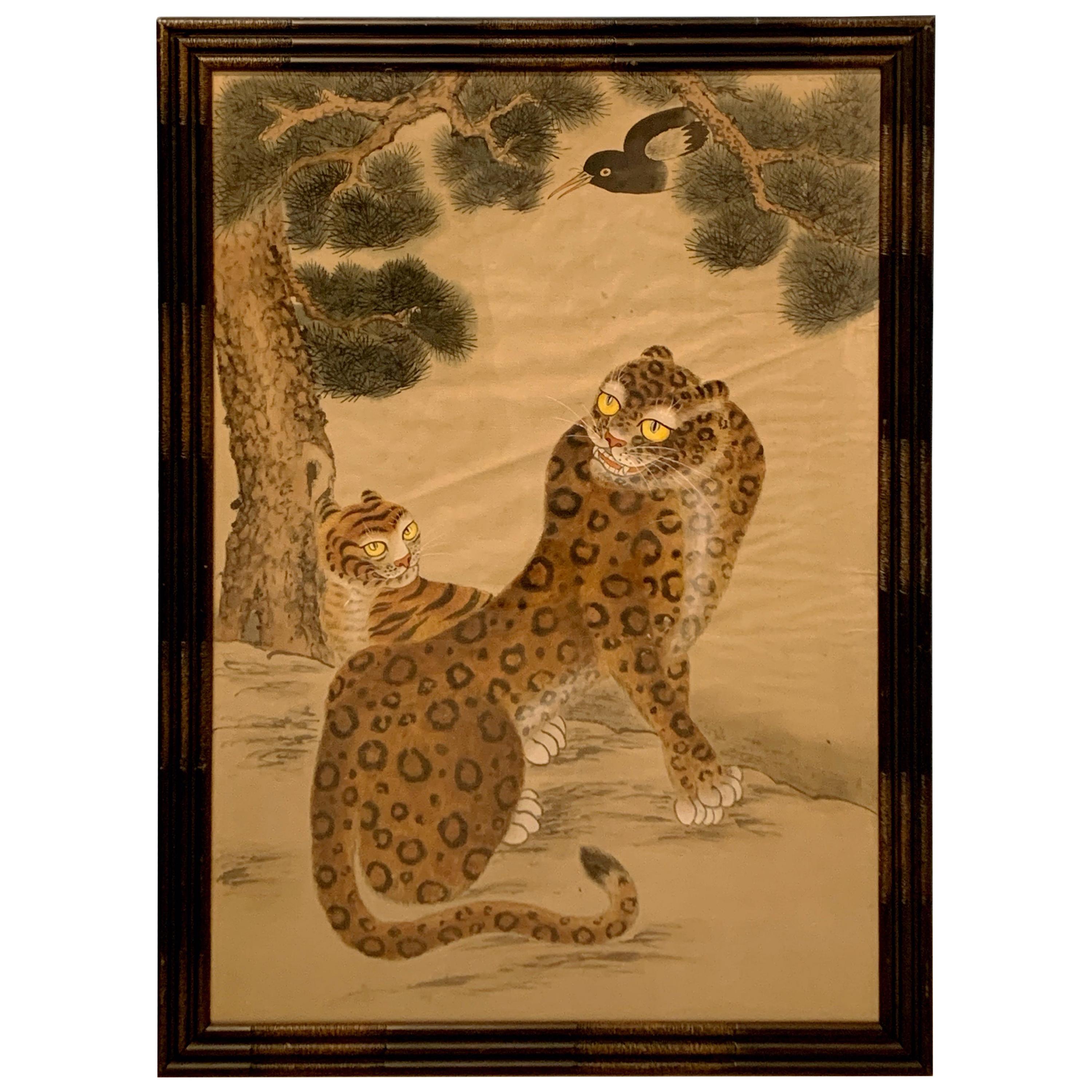 Korean Minhwa Tiger and Magpie Painting on Silk, Jakhodo, Late 19th Century