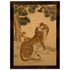 Peinture coréenne Minhwa de tigre et de pie sur soie:: Jakhodo:: fin du XIXe siècle