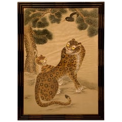 Antique Korean Minhwa Tiger and Magpie Painting on Silk, Jakhodo, Late 19th Century