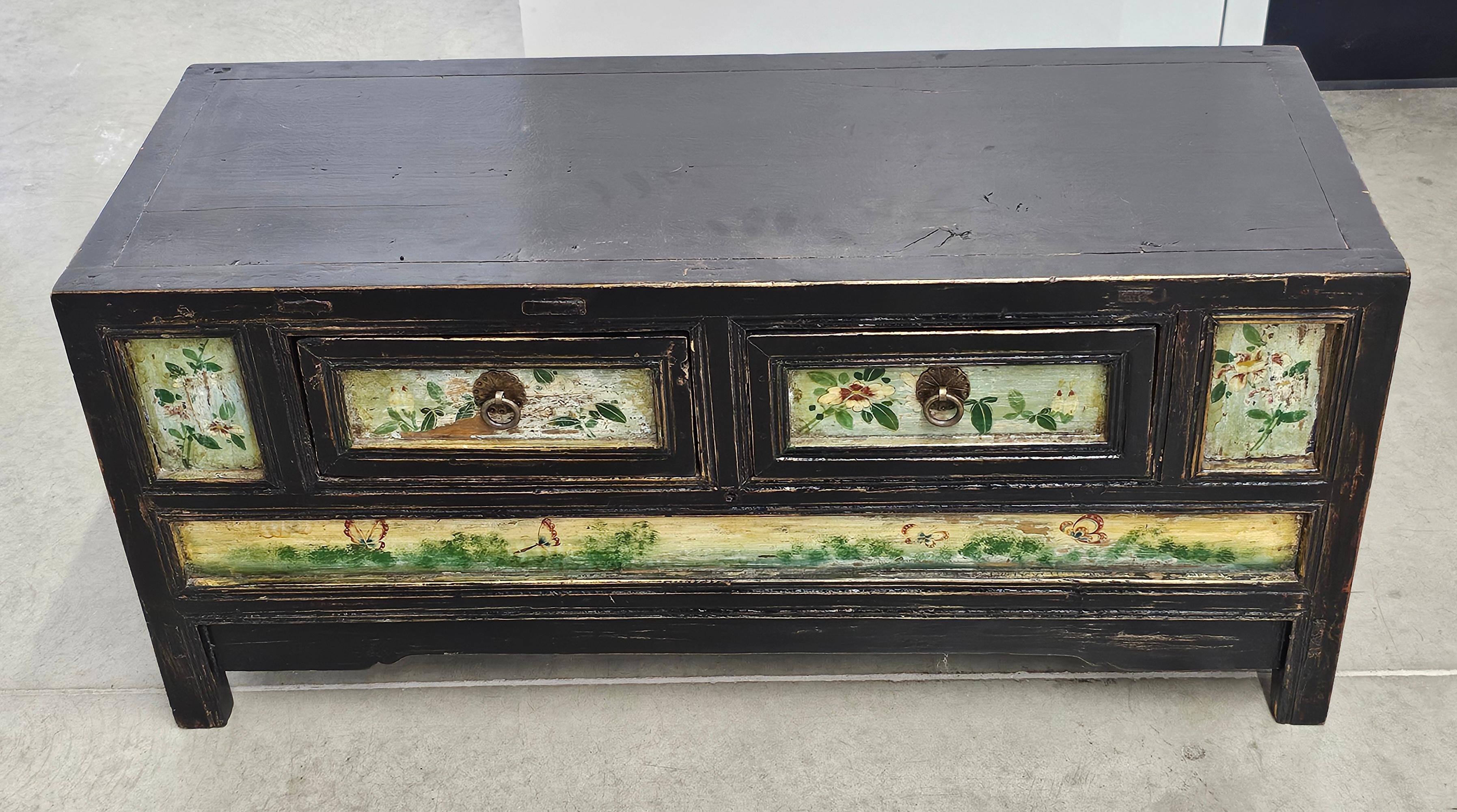 An Early 20th Century Korean Scenes Painted Elm Wood Low Storage Cabinet  and Bench. Perfect height for seating, additionally to storage areas.
Measures 38