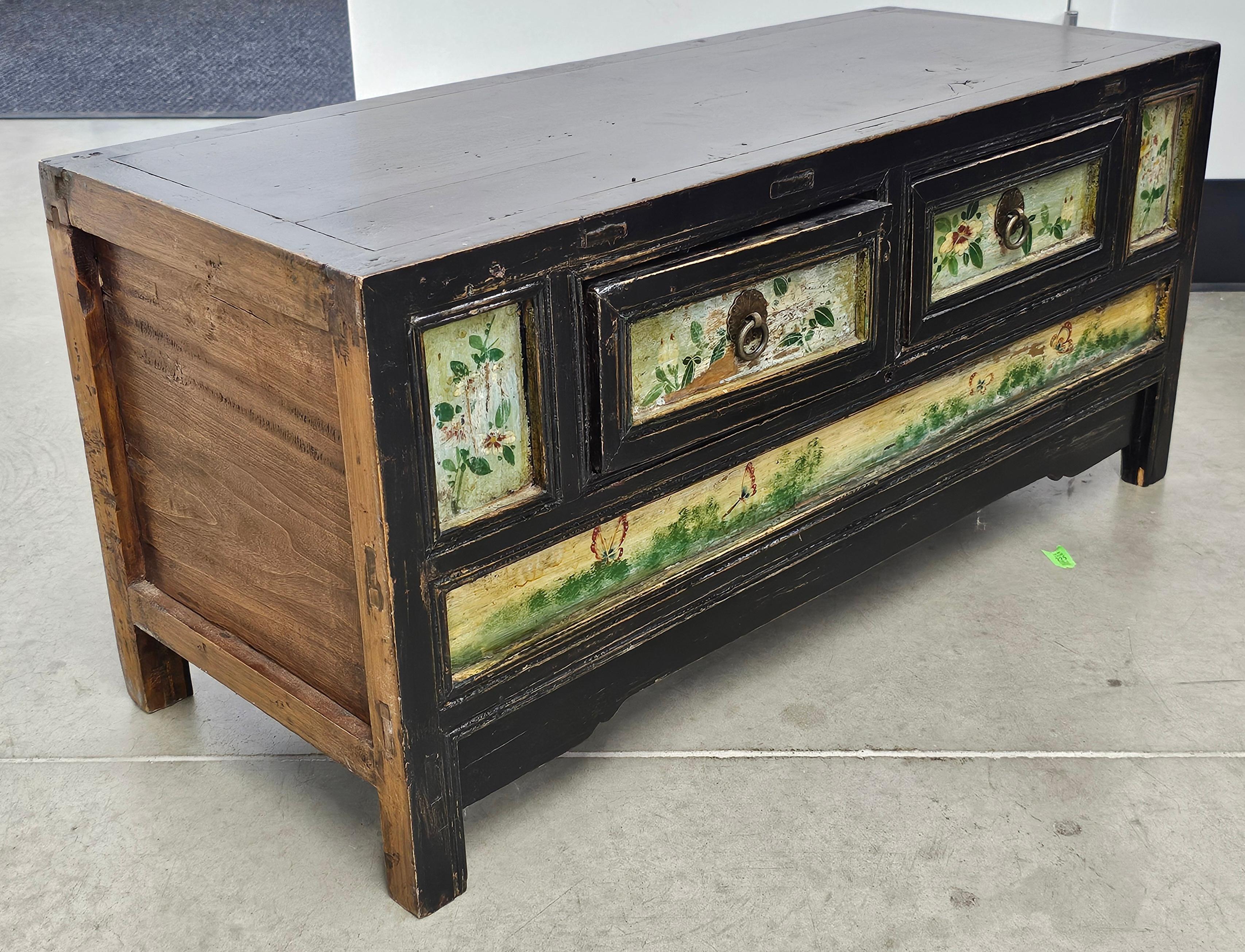 Unknown Korean Painted Elm Wood Low Storage Cabinet  and Bench, C. 1900s For Sale