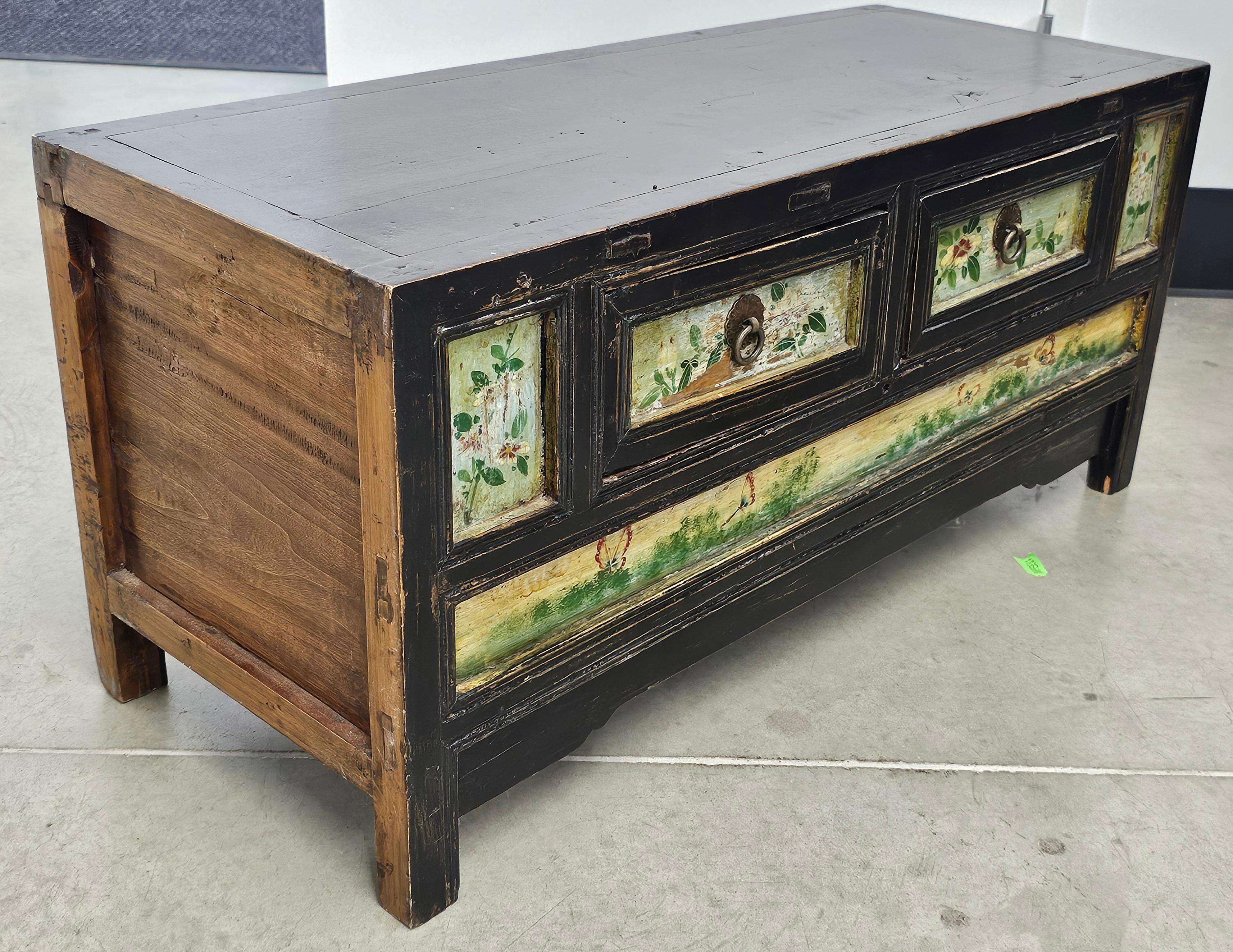 Hand-Crafted Korean Painted Elm Wood Low Storage Cabinet  and Bench, C. 1900s For Sale