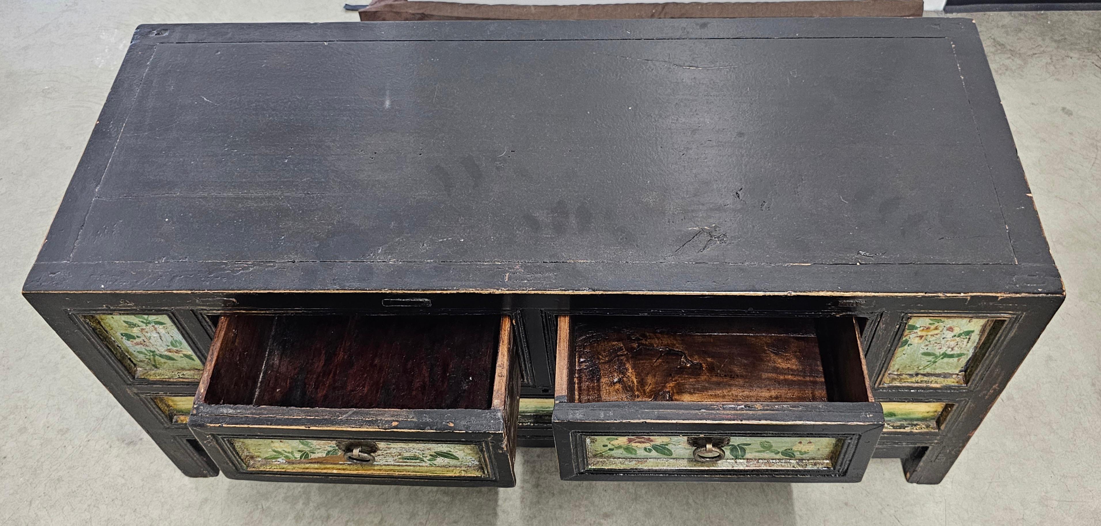 20th Century Korean Painted Elm Wood Low Storage Cabinet  and Bench, C. 1900s For Sale