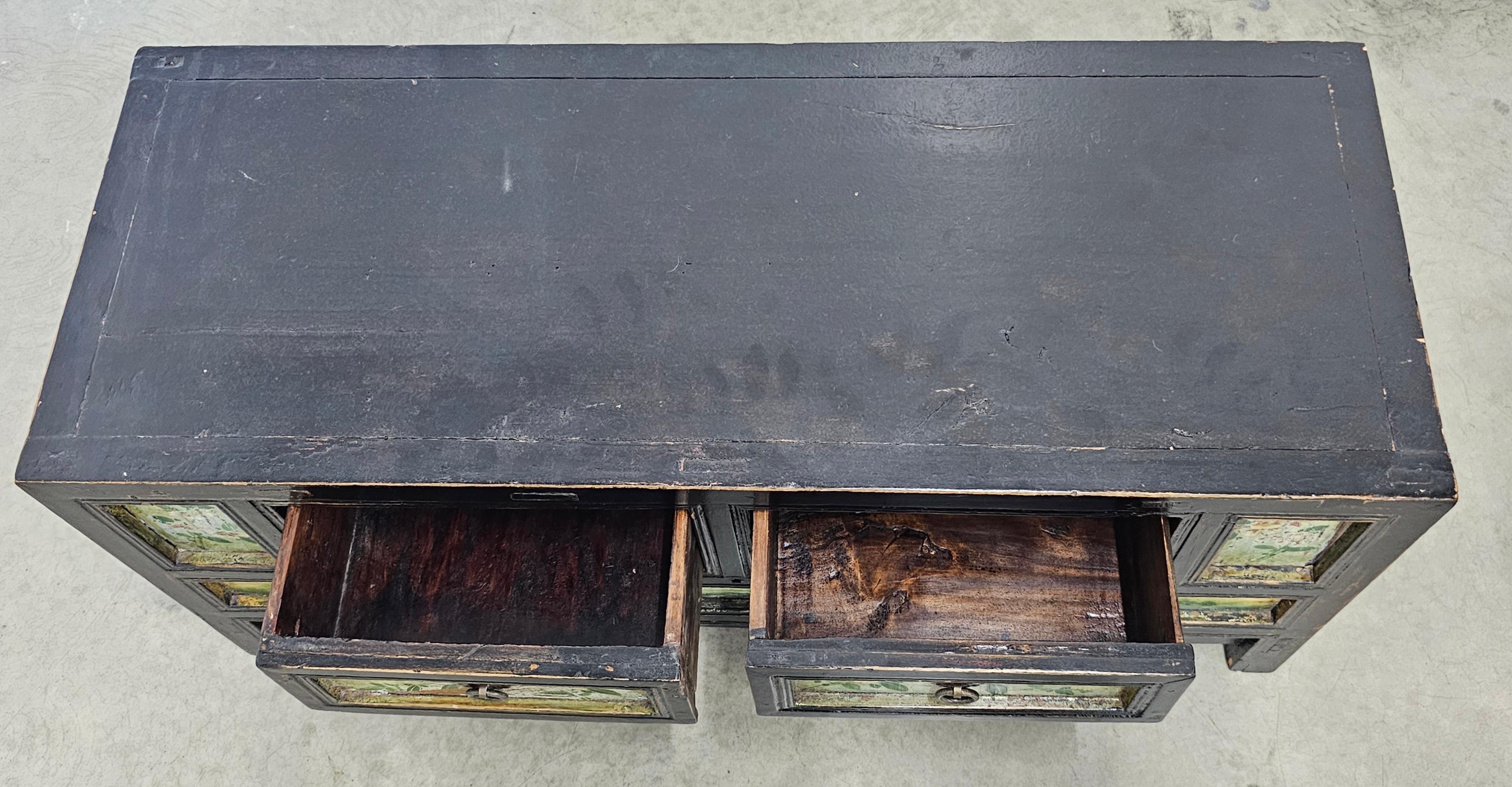 Hardwood Korean Painted Elm Wood Low Storage Cabinet  and Bench, C. 1900s For Sale