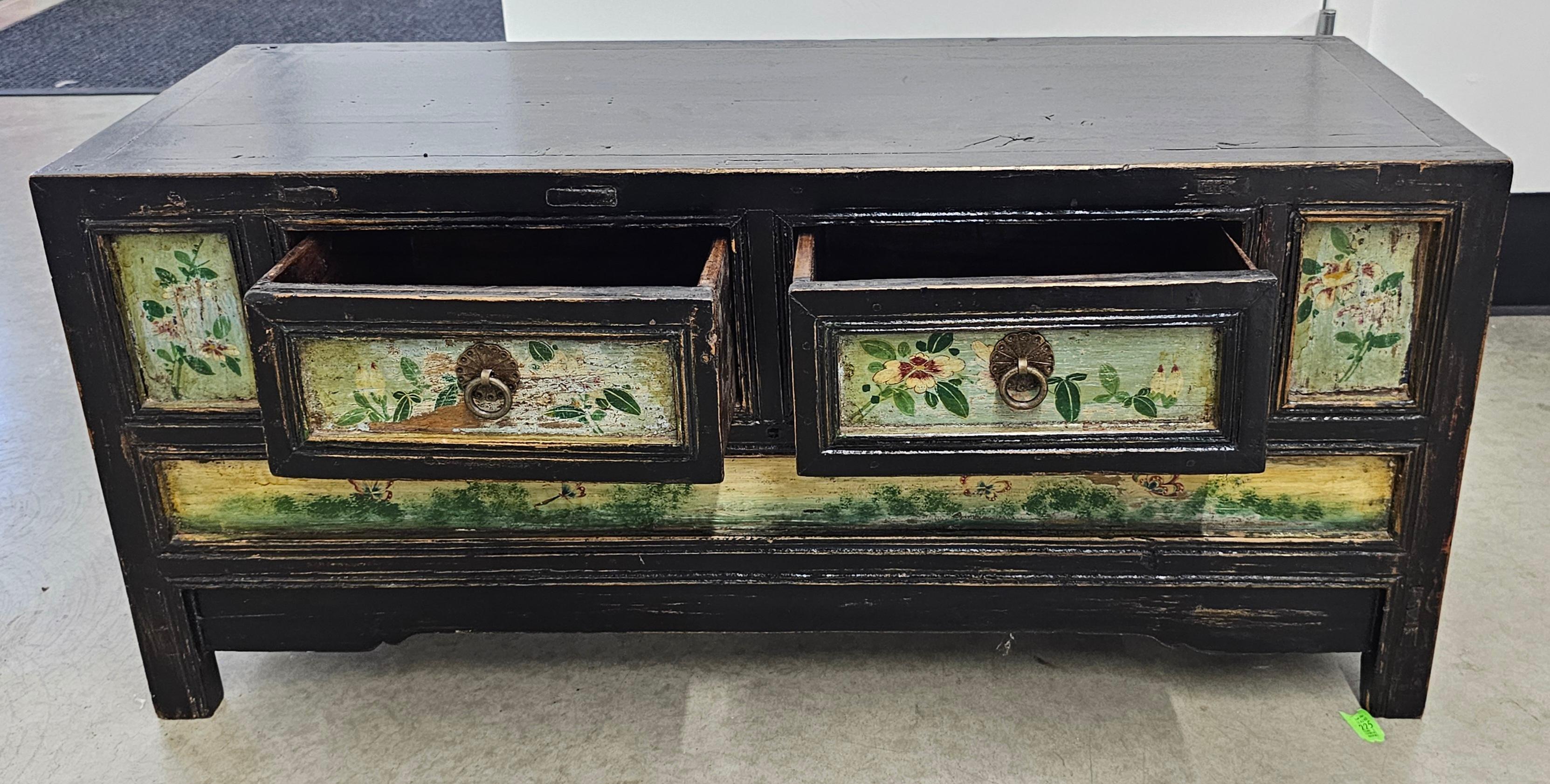 Korean Painted Elm Wood Low Storage Cabinet  and Bench, C. 1900s For Sale 1